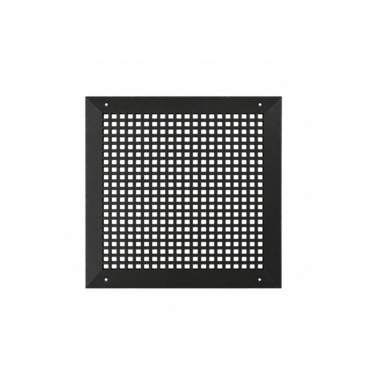Powder-coated black HVAC return vent cover for wall or ceiling installation, featuring 12x12 Mosaic design and tapered edge