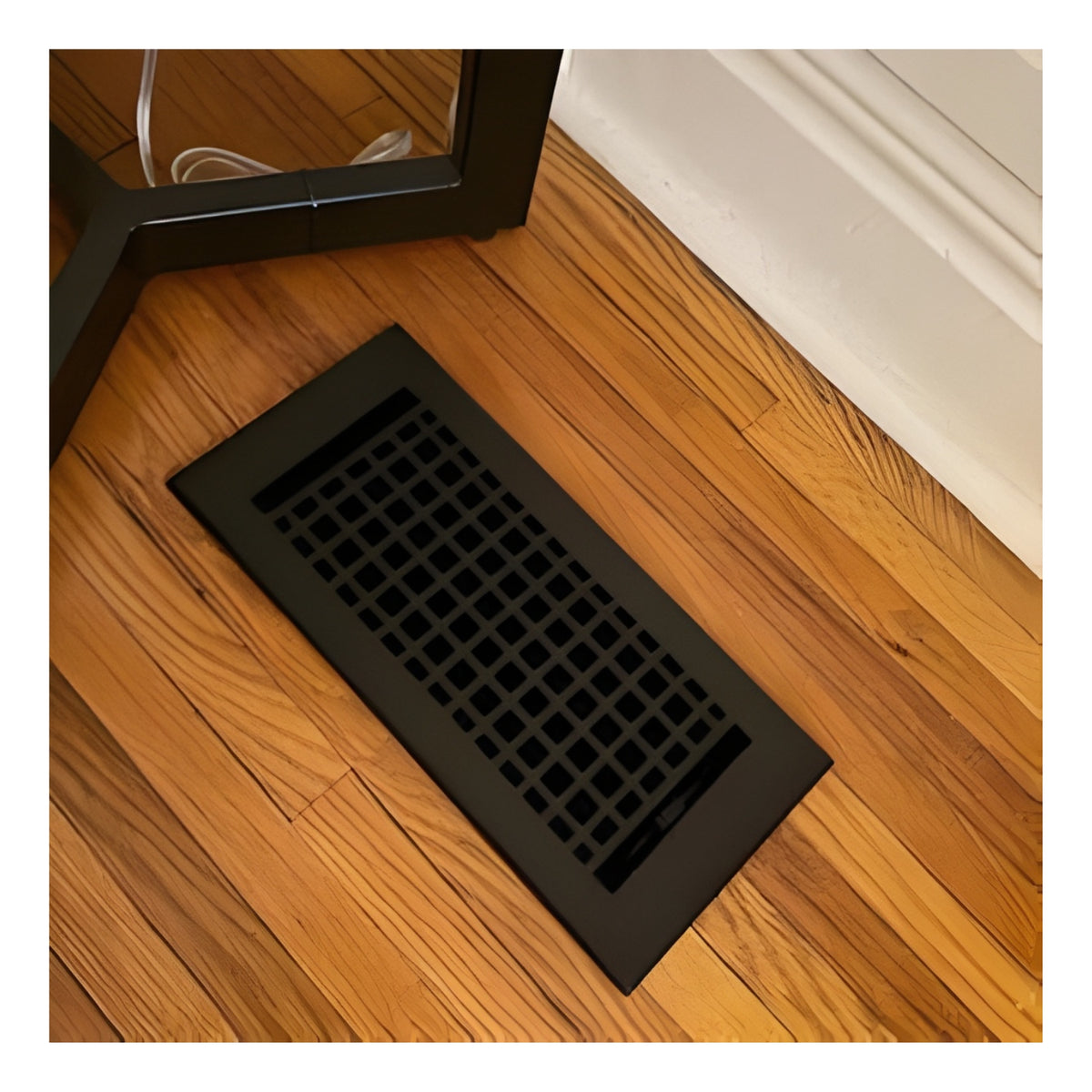 Mosaic 4x10 air return vent for floor mounting, powder coated black with durable finish and geometric lattice pattern