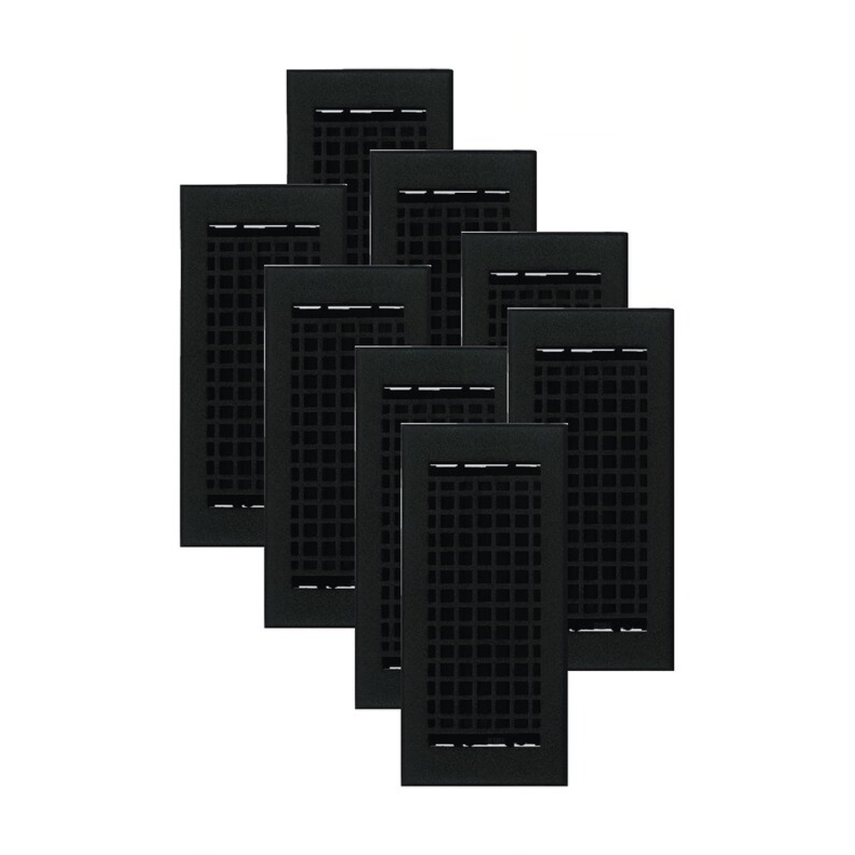 Pack of 8 black Mosaic 4x10 strong cast aluminum floor vent covers with square design and beveled edges
