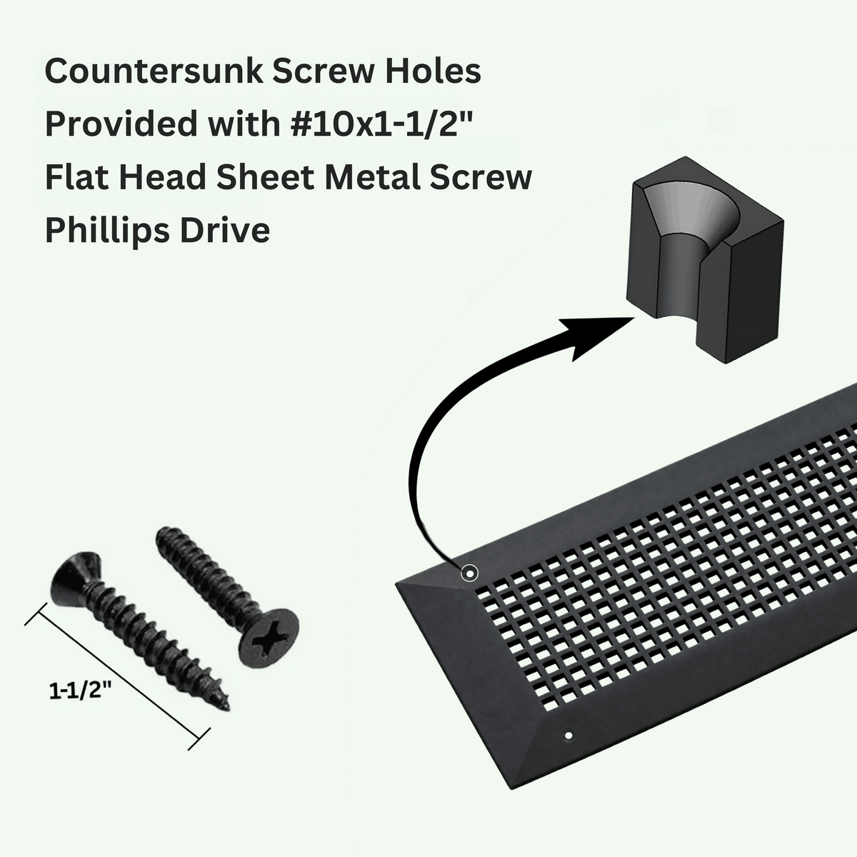 Mosaic air return vent provided with countersunk screw holes, 10*1 – ½ flat head sheet metal screw Philips drive