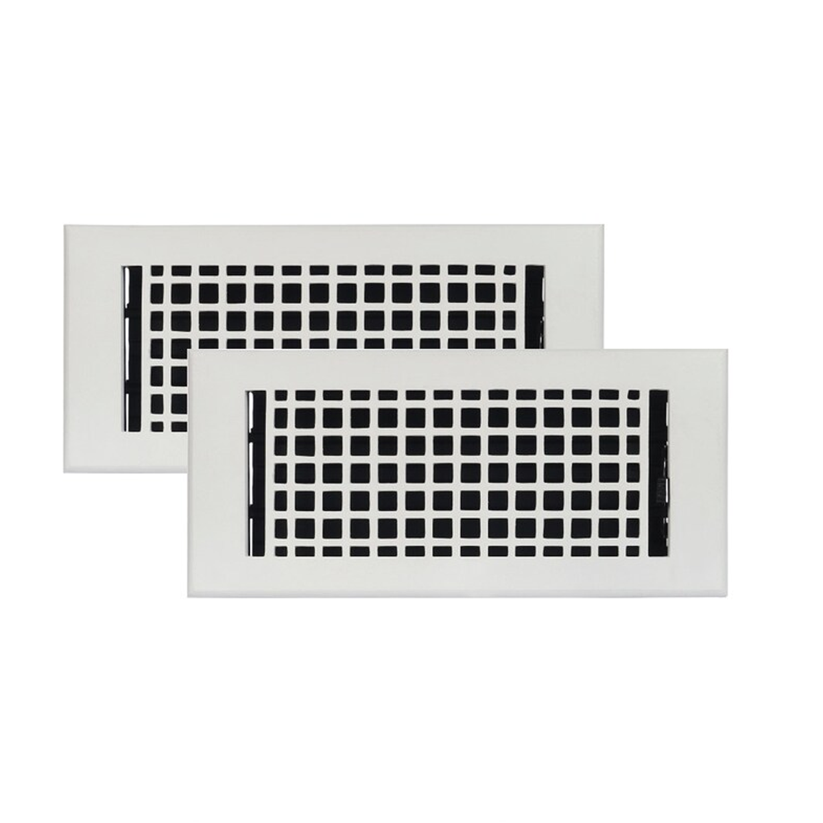 Pack of 2 white Mosaic 4x10 HVAC floor vents with a square grid design and beveled edges for air supply