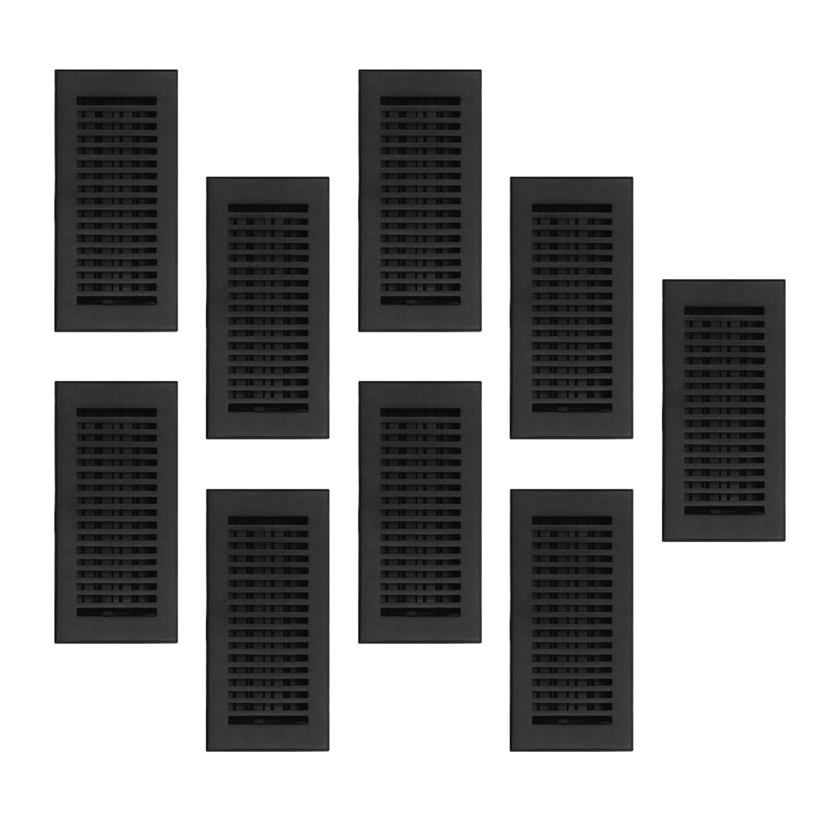 Pack of 9 Sleek 4x10 solid cast aluminum floor vent covers, matte black finish, beveled edge, walkable drop-in mount