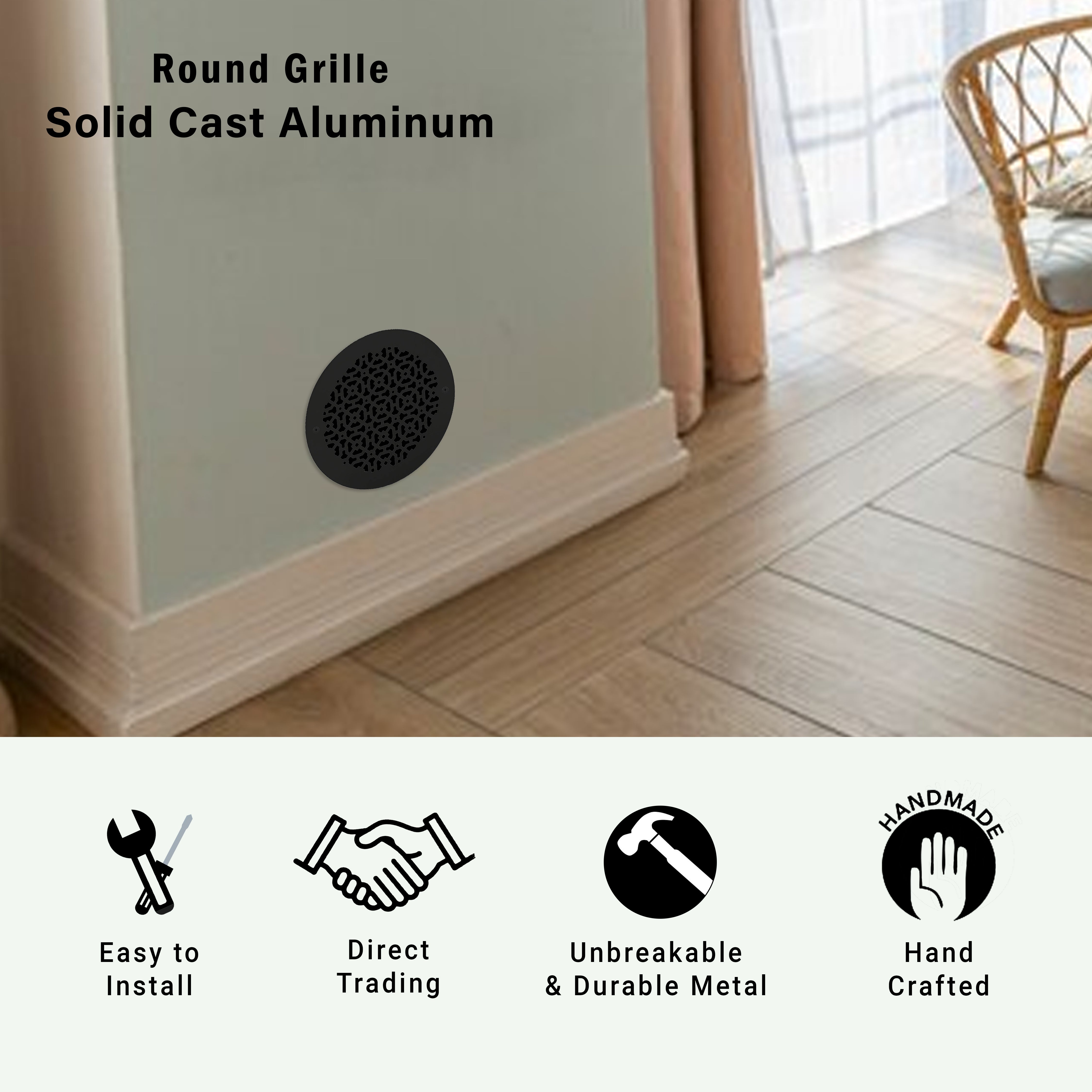 Achtek 10" Duct (12" Overall) Round Vent Cast Aluminum Handcrafted