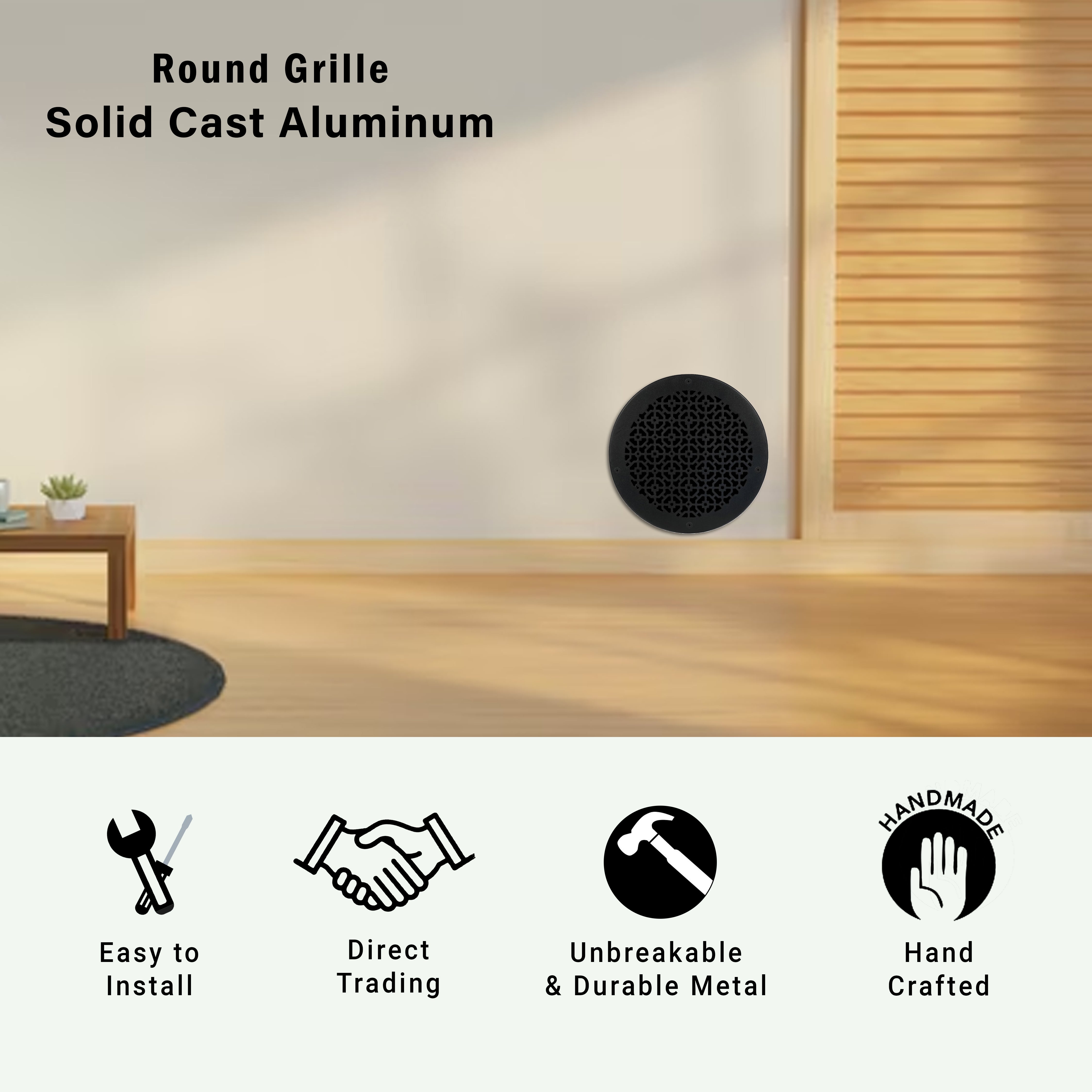 Achtek 12" Duct (14" Overall) Round Vent Cast Aluminum Handcrafted