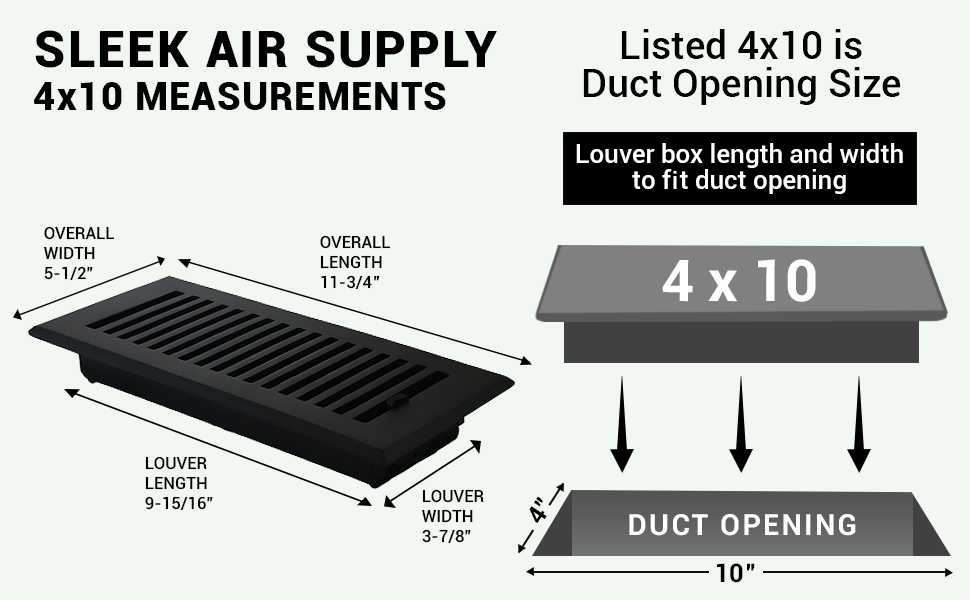 Sleek 4x10 air supply vent purchase guide showing purchase size having duct opening 4x10, and overall faceplate 5-1/2 and 11-3/4