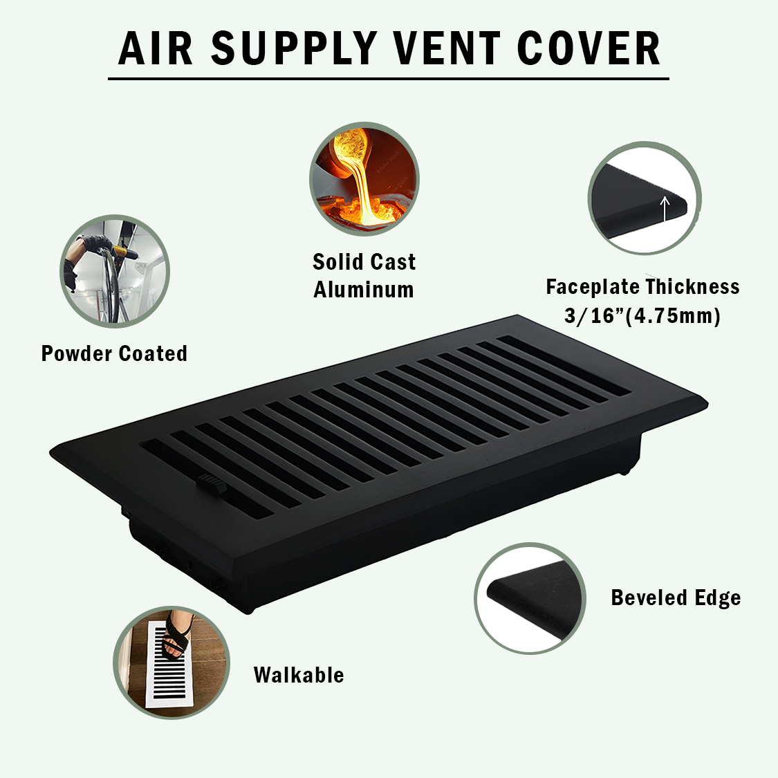 Sleek image showing air supply vent cover in powder coated finish, beveled edge, Faceplate thickness of 3/16 inch