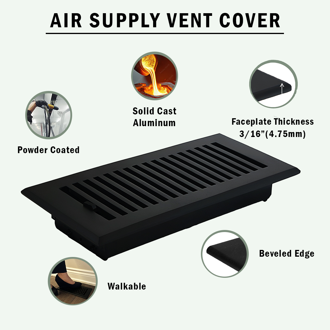 Sleek 6"x12" Solid Cast Aluminum Air Supply louvered Vent | Powder Coated