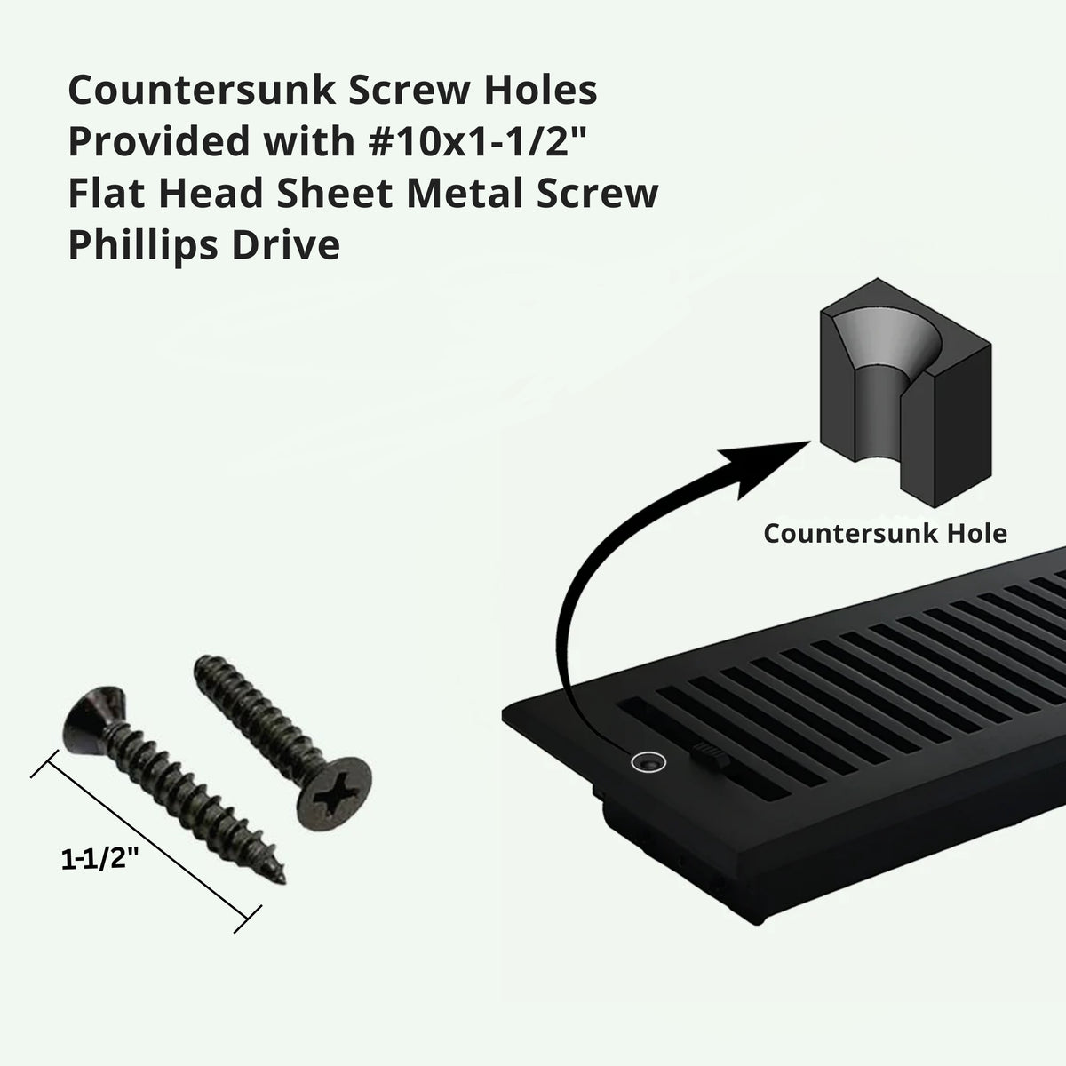 Sleek air supply vent provided with countersunk screw holes, 10*1 – ½ flat head sheet metal screw Philips drive