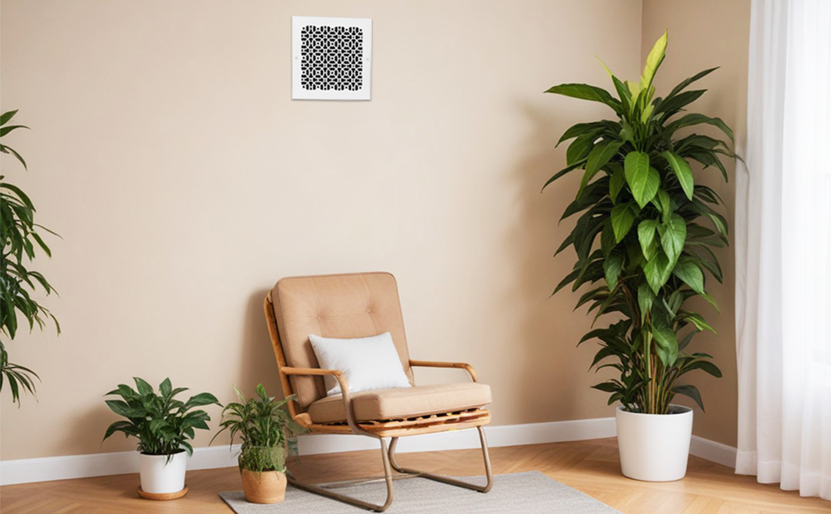 Achtek 10x10 white air return vent cover with white finish, geometric pattern, beveled edge, countersunk screw holes