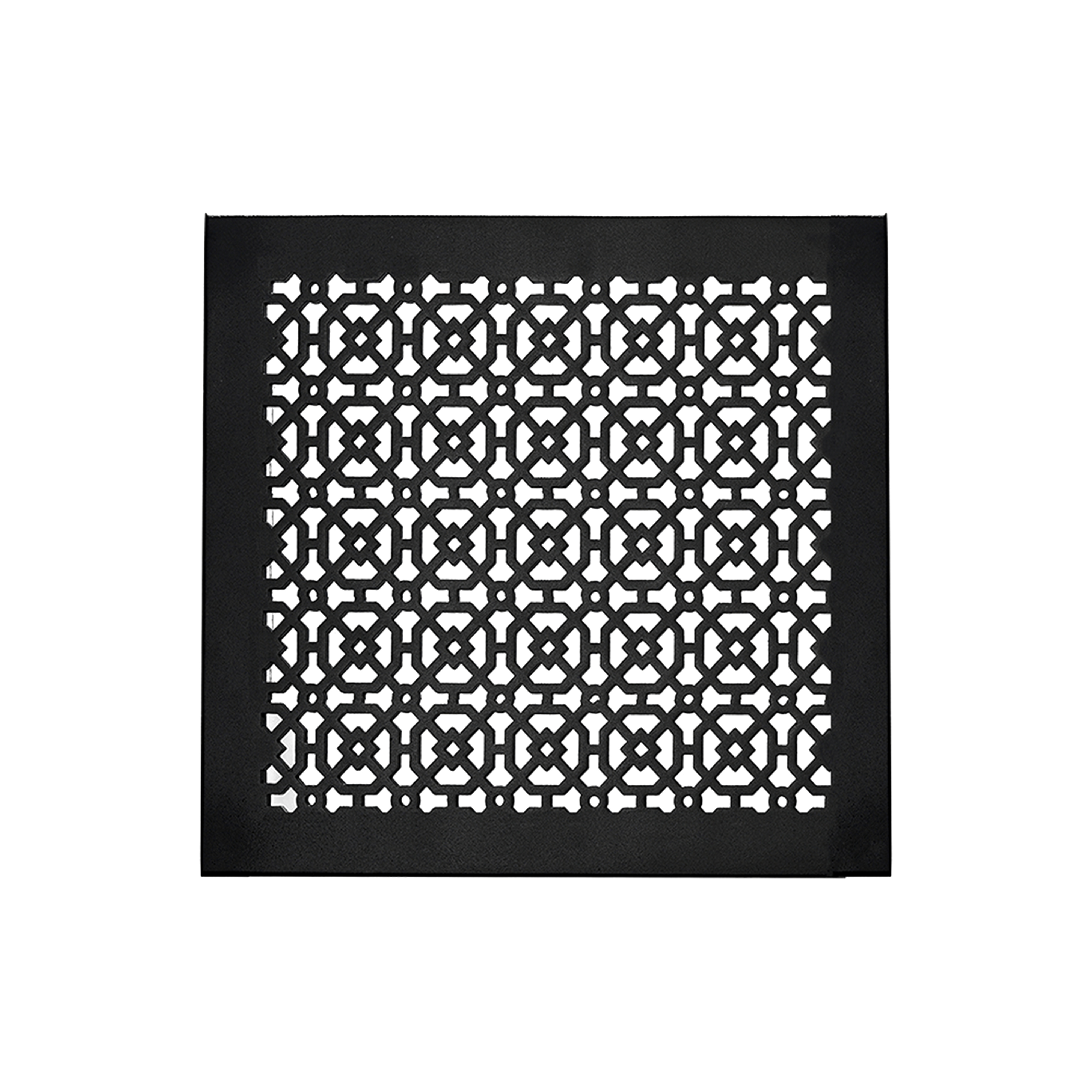Achtek 12x16 powder coated black air return vent for floor with geometric design, beveled edge, gravity drop installations