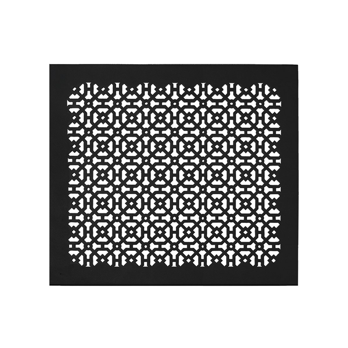 Achtek 14x16 handcrafted black air return vent cover with geometric design for floor mounting, overall back frame provided