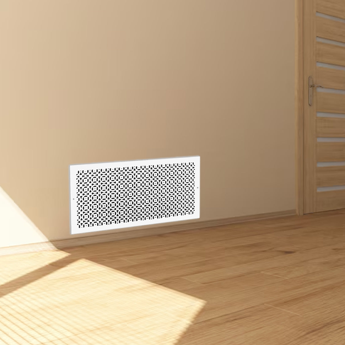 Achtek 14x30 air return vent cover white for wall mounting, geometric pattern, beveled edge, with countersunk screw holes
