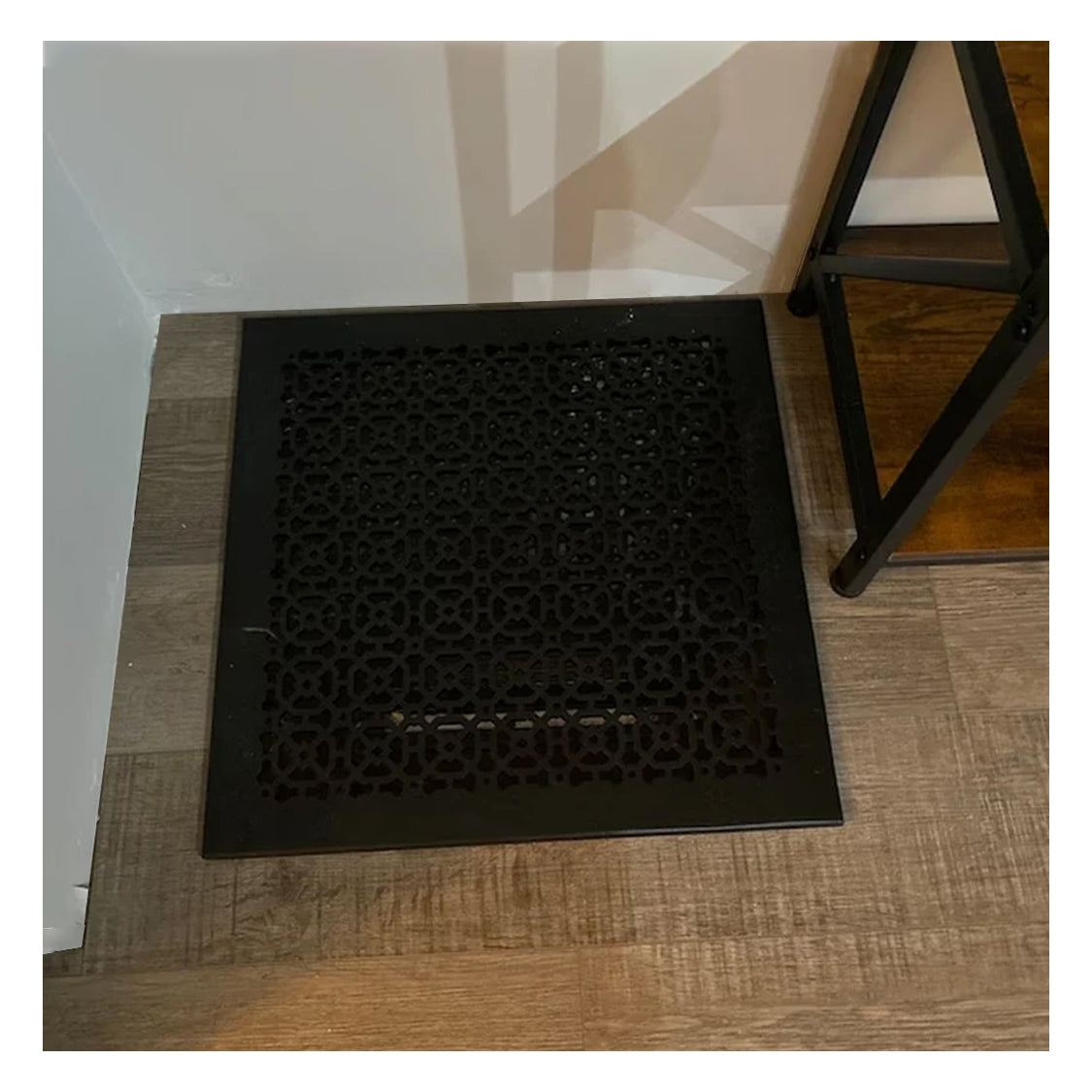 Achtek 16x16 powder coated black air return vent cover with geometric pattern, beveled edge, with gravity drop installations