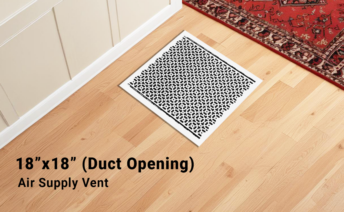 Achtek 18x18 white air supply vent for floor mounting with patent design, gravity drop installations, beveled edge