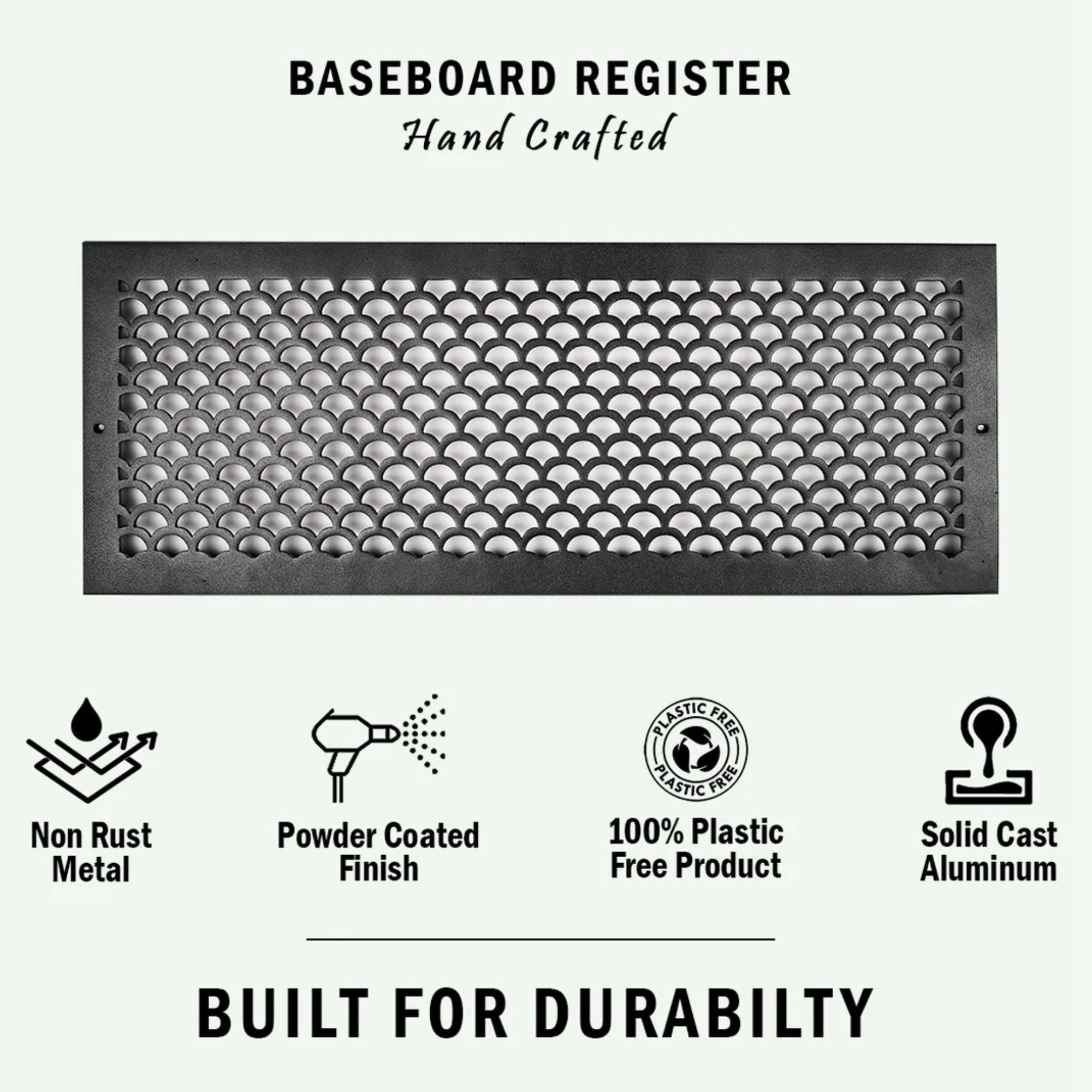 Scallop BASEBOARD 8"x14" Duct opening Solid Cast Aluminum Grill Vent Cover | Powder Coated