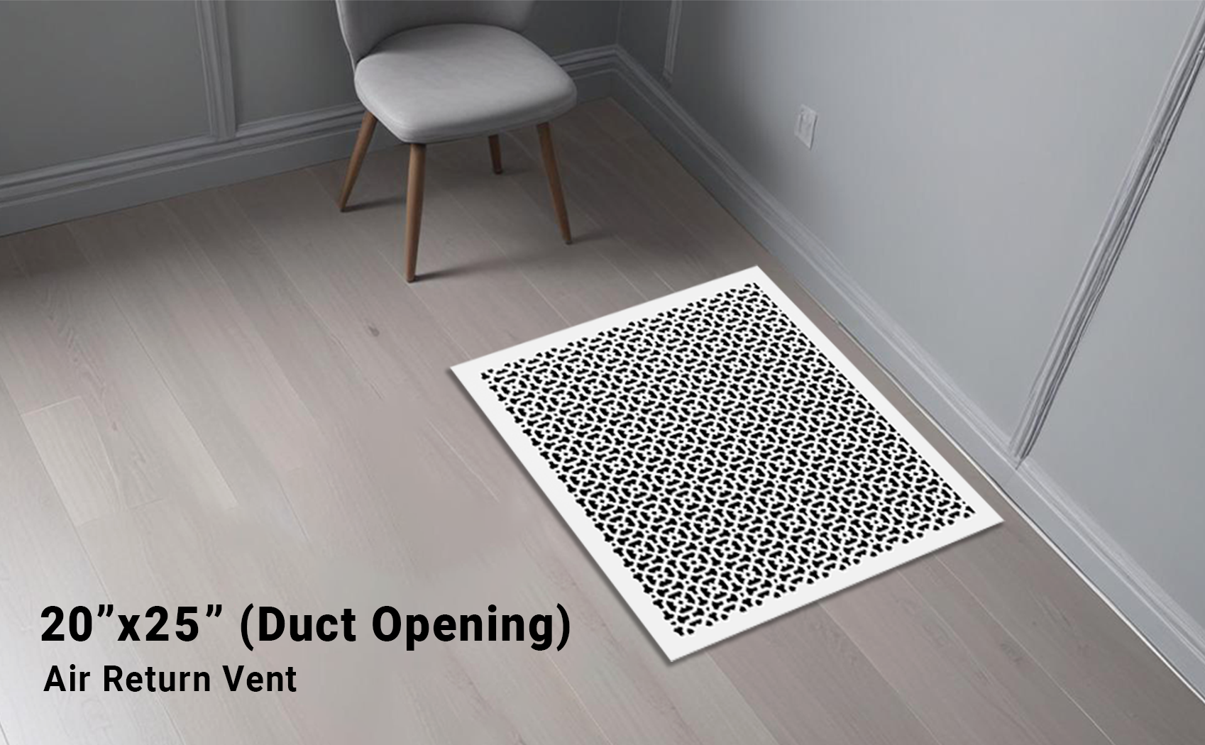 Achtek 20x25 air return vent cover with geometric pattern, beveled edge for floor mounting, overall back frame provided