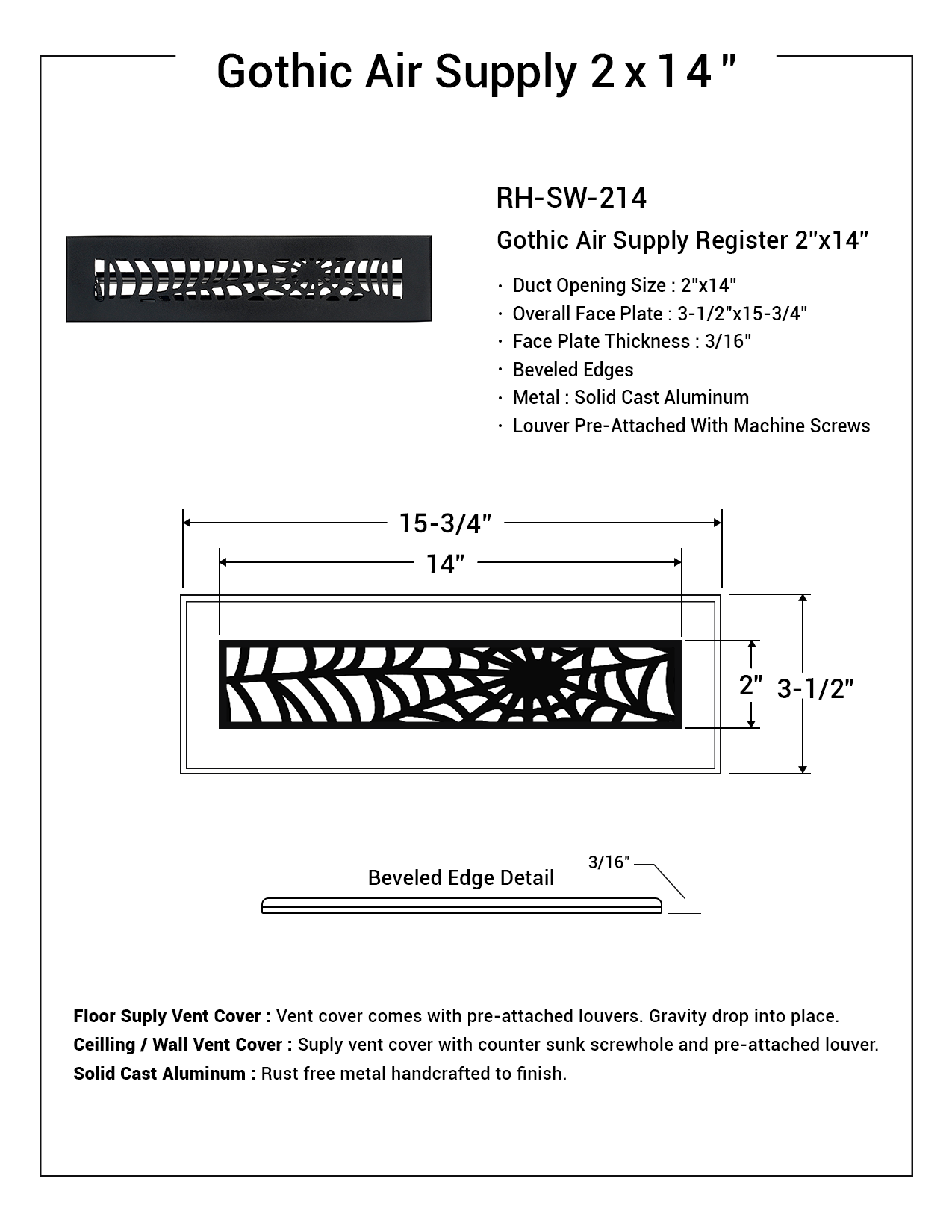 Spooky Gothic 2"x14" Solid Cast Aluminum louvered Air Supply | Powder Coated