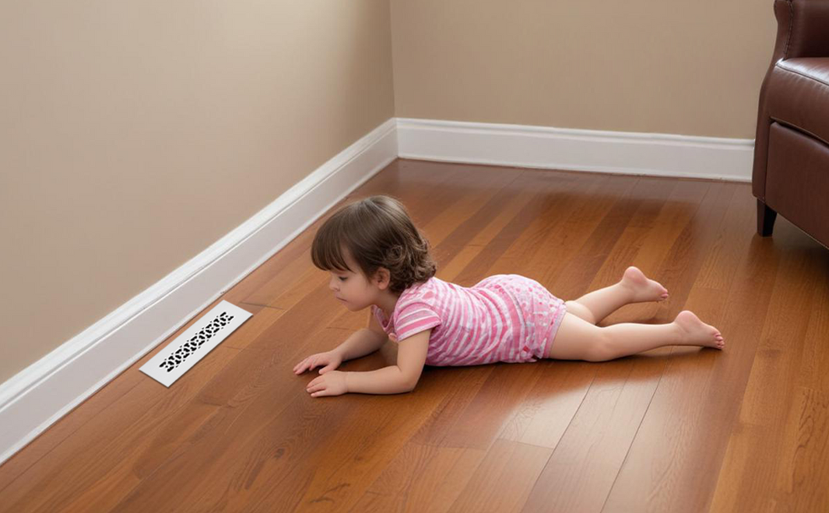 Achtek 2x10 air return vent shown in powder coated white finish, beveled edge, designed for floor mounting
