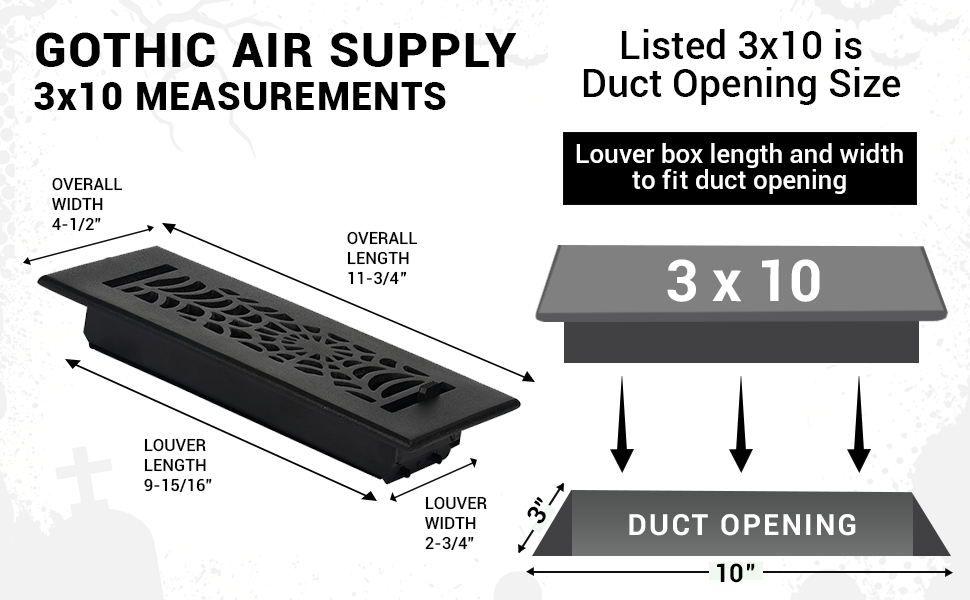 Spooky Gothic 3"x10" Solid Cast Aluminum louvered Air Supply | Powder Coated