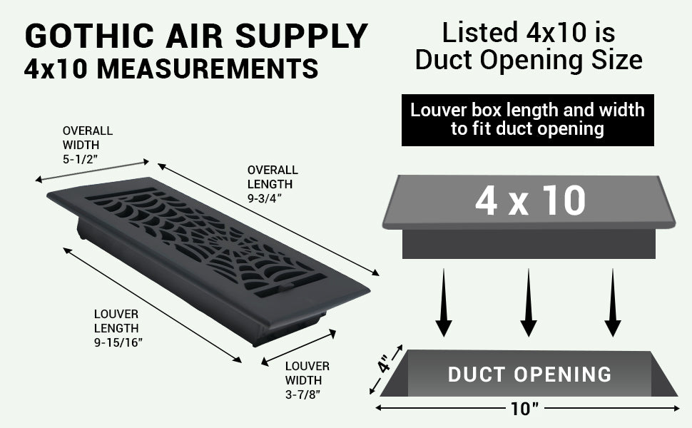 Spooky Gothic 4"x10" Solid Cast Aluminum louvered Air Supply | Powder Coated