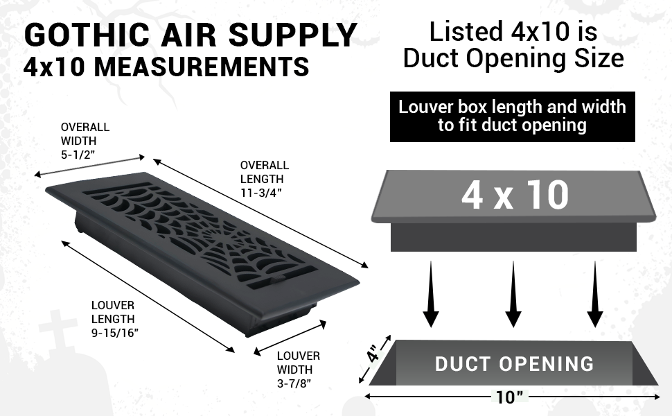 PACK of 10 Spooky Gothic 4"x10" WALL / CEILING Solid Cast Aluminum Air Supply louvered Powder Coated
