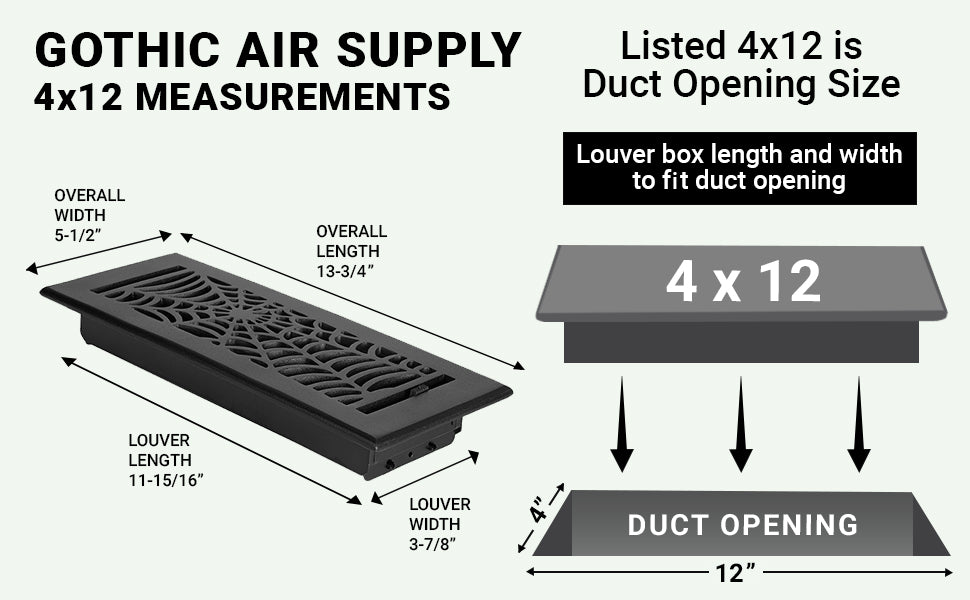 Alimentation en air à persiennes en aluminium moulé massif Spooky Gothic 4"x12" | Revêtement en poudre