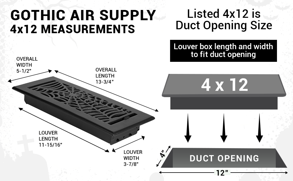 Spooky Gothic 4"x12" Solid Cast Aluminum louvered Air Supply | Powder Coated