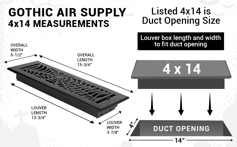 Spooky Gothic 4"x14" Solid Cast Aluminum louvered Air Supply | Powder Coated