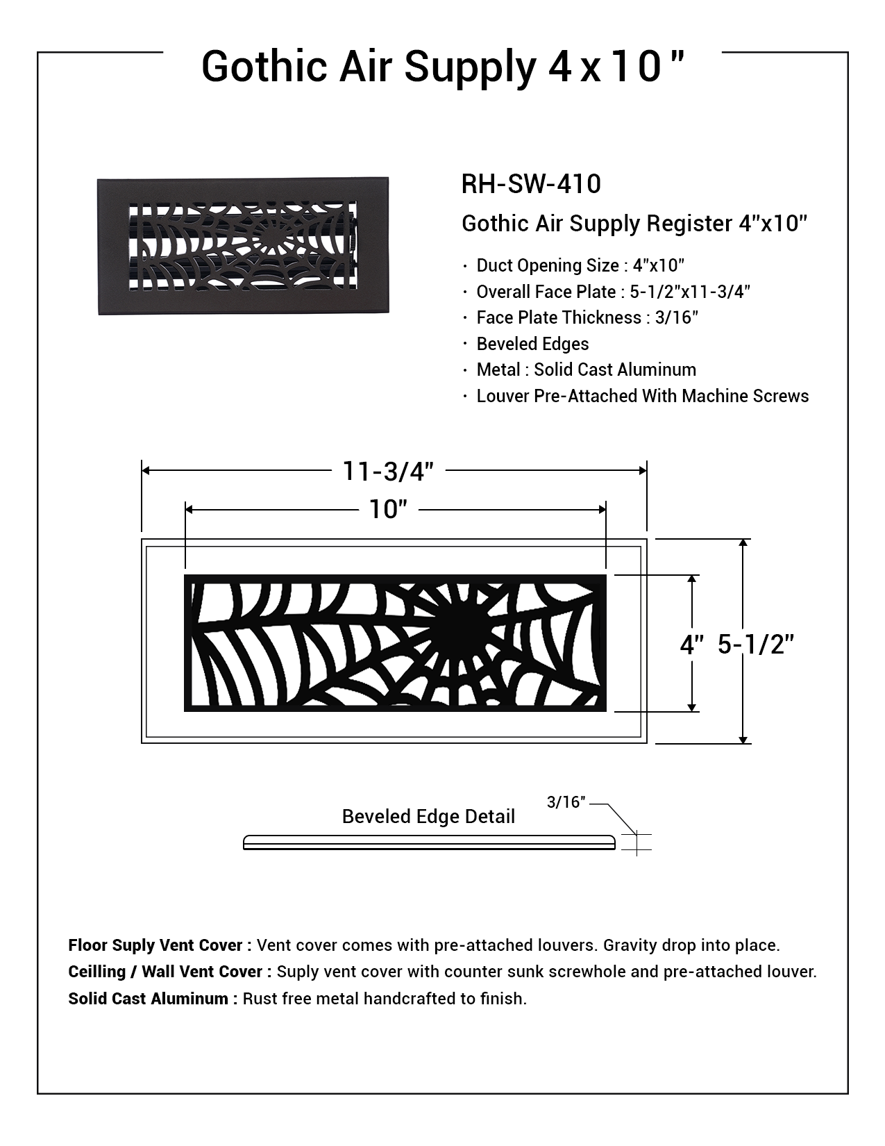 PACK of 10 Spooky Gothic 4"x10" WALL / CEILING Solid Cast Aluminum Air Supply louvered Powder Coated