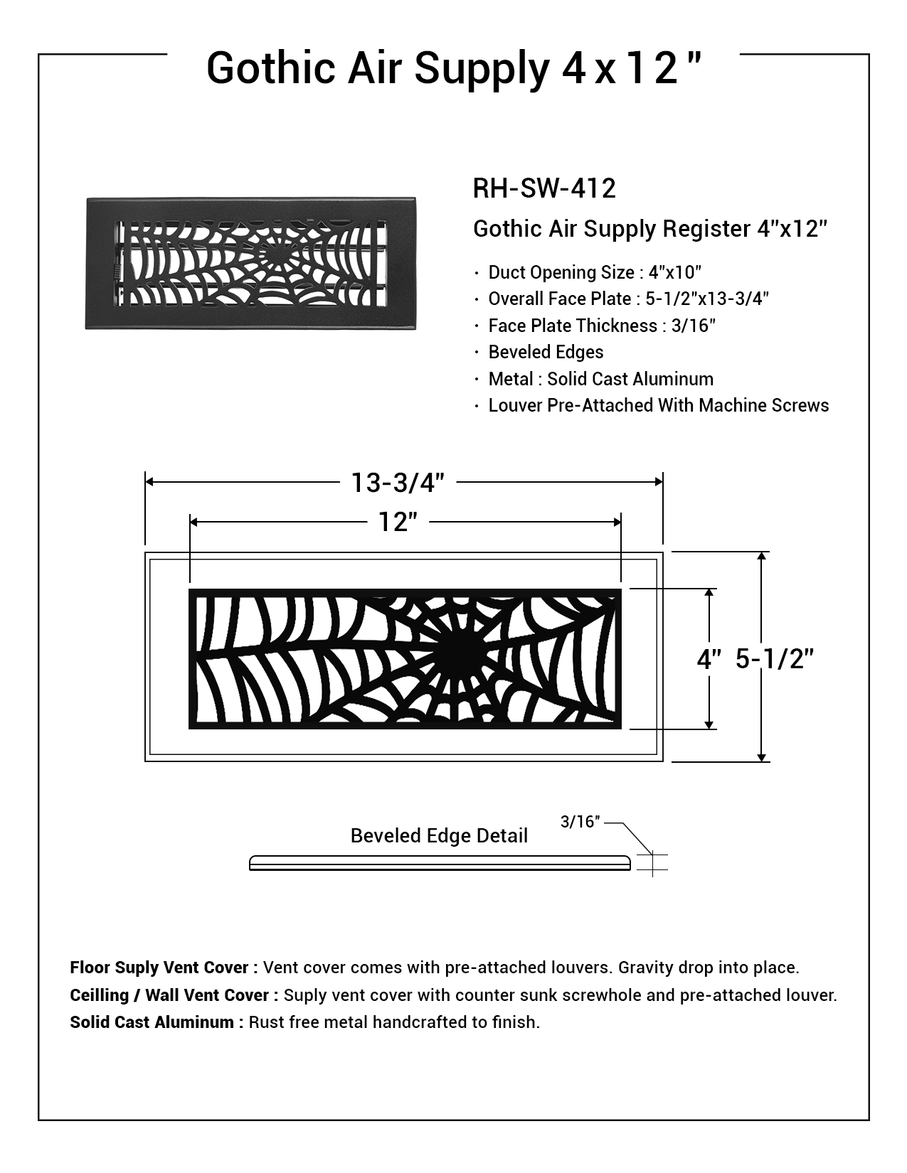 Spooky Gothic 4"x12" Solid Cast Aluminum louvered Air Supply | Powder Coated