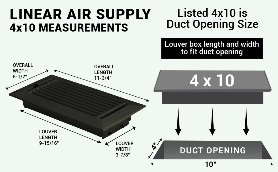Linear 4"x10" Solid Cast Aluminum Air Supply louvered Vent | Powder Coated