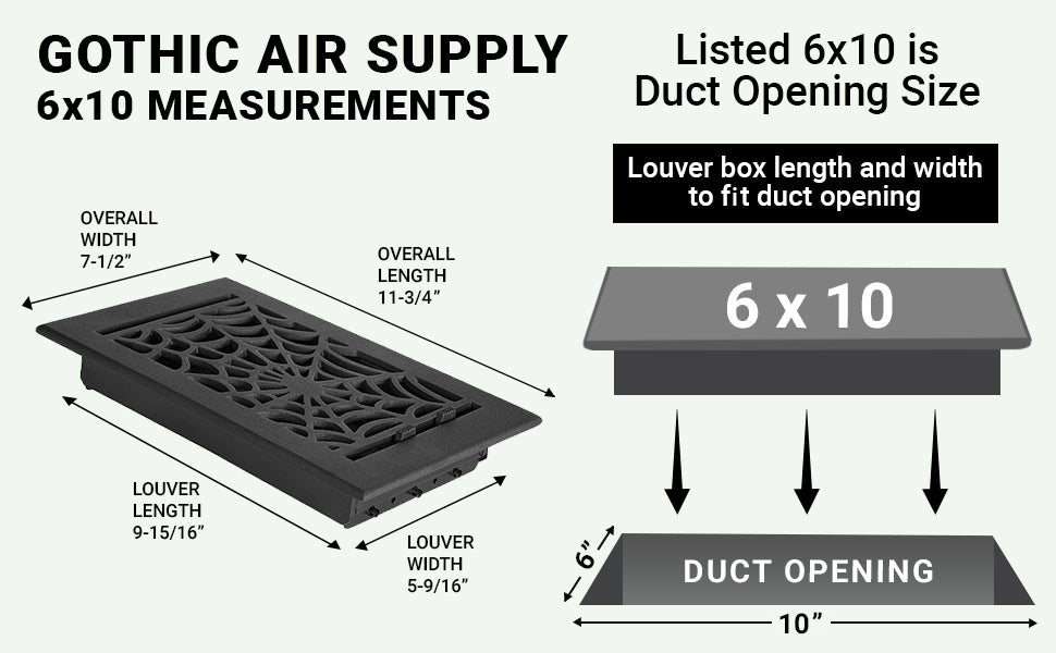 Spooky Gothic 6"x10" Solid Cast Aluminum louvered Air Supply | Powder Coated