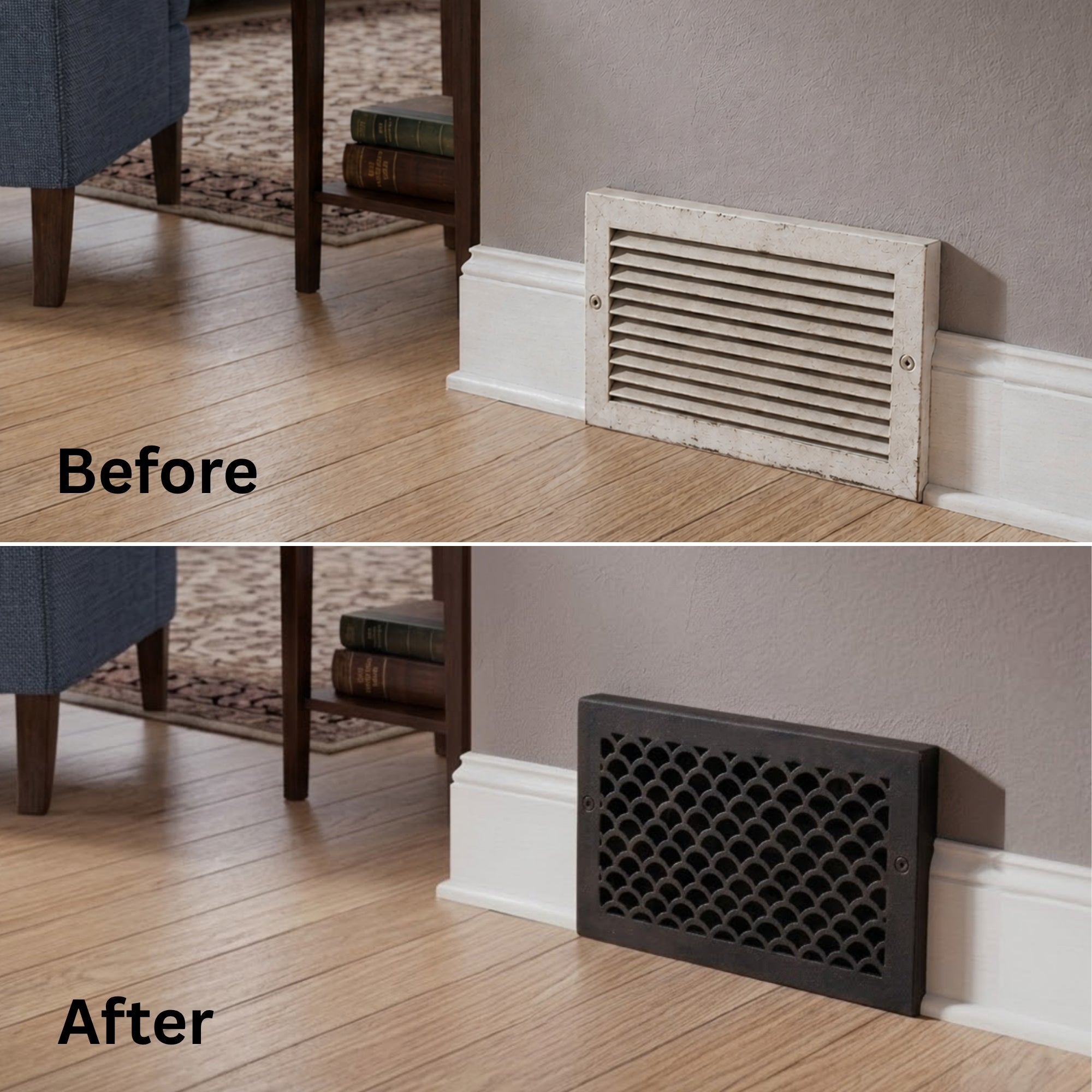 Scallop BASEBOARD 6"x10" Duct opening Solid Cast Aluminum Grill Vent Cover | Powder Coated