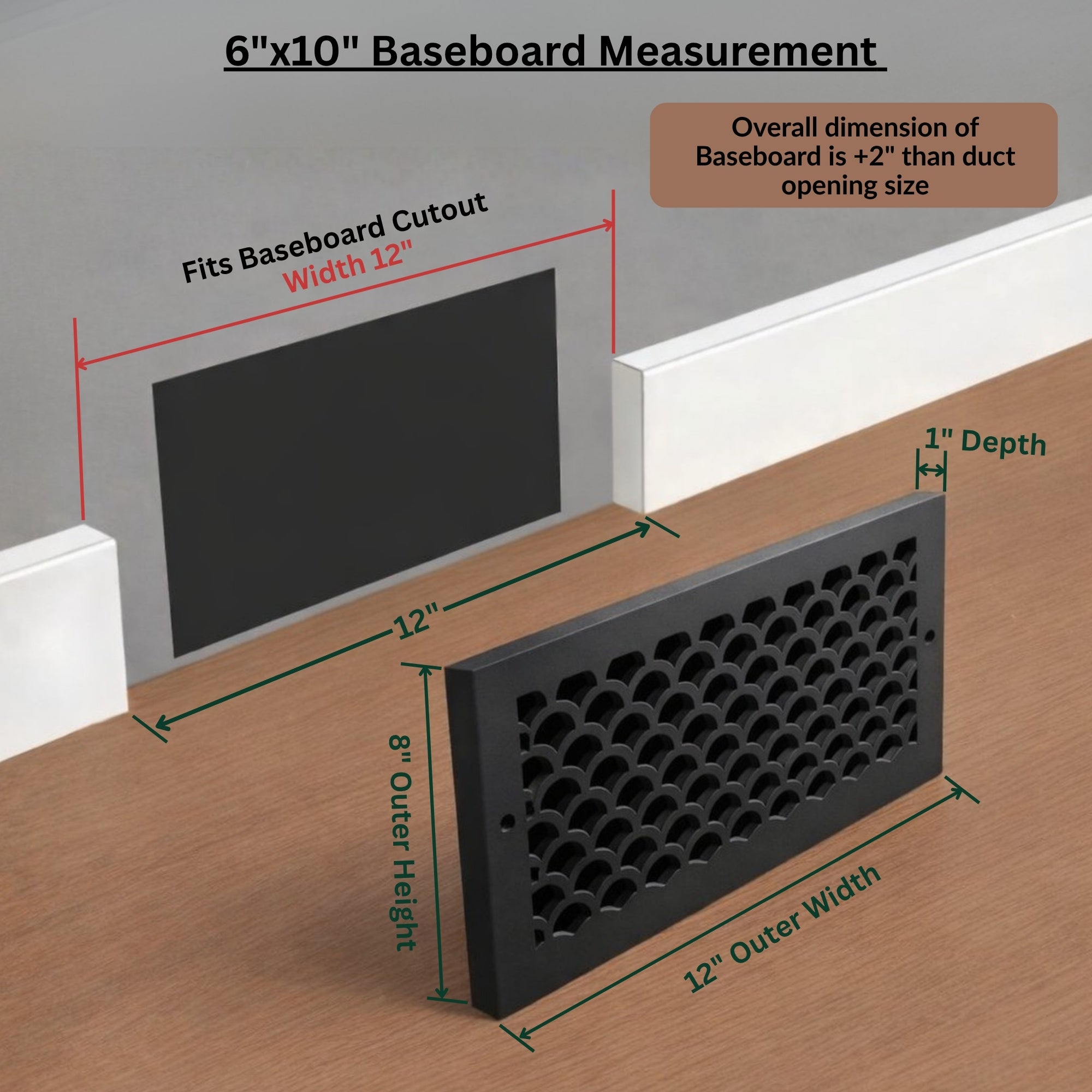 Scallop BASEBOARD 6"x10" Duct opening Solid Cast Aluminum Grill Vent Cover | Powder Coated