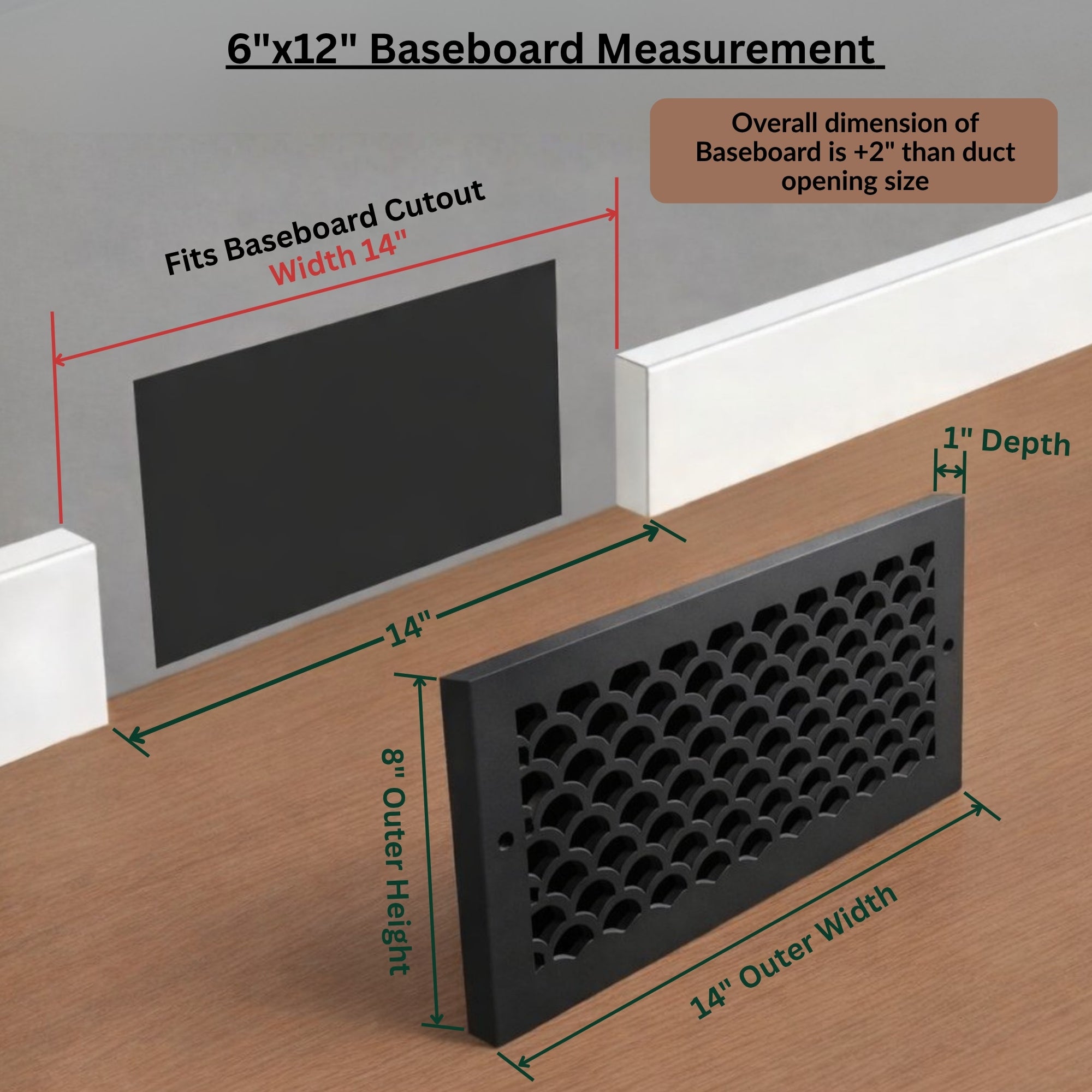 Scallop BASEBOARD 6"x12" Duct opening Solid Cast Aluminum Grill Vent Cover | Powder Coated