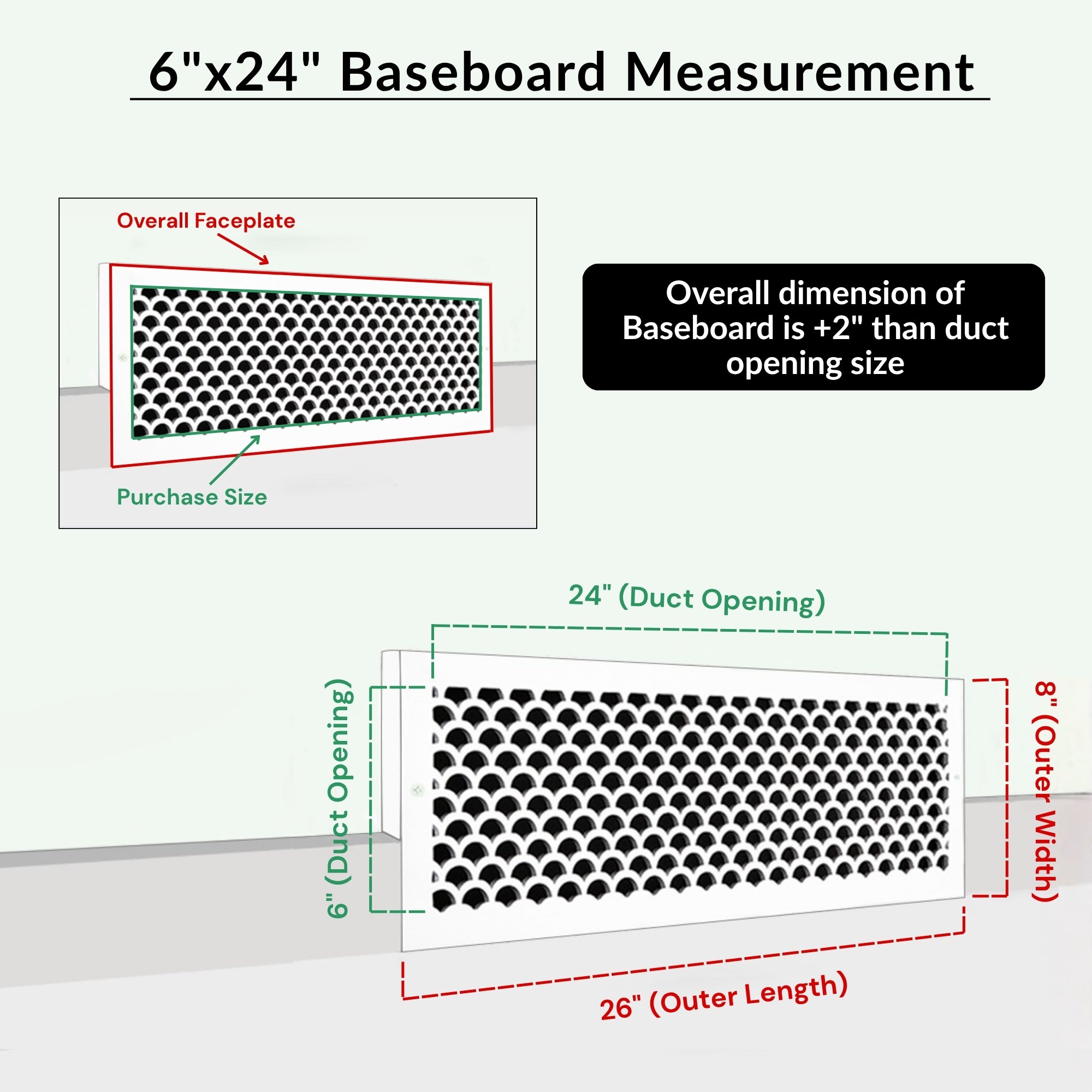 Scallop BASEBOARD 6"x24" Duct opening Solid Cast Aluminum Grill Vent Cover | Powder Coated