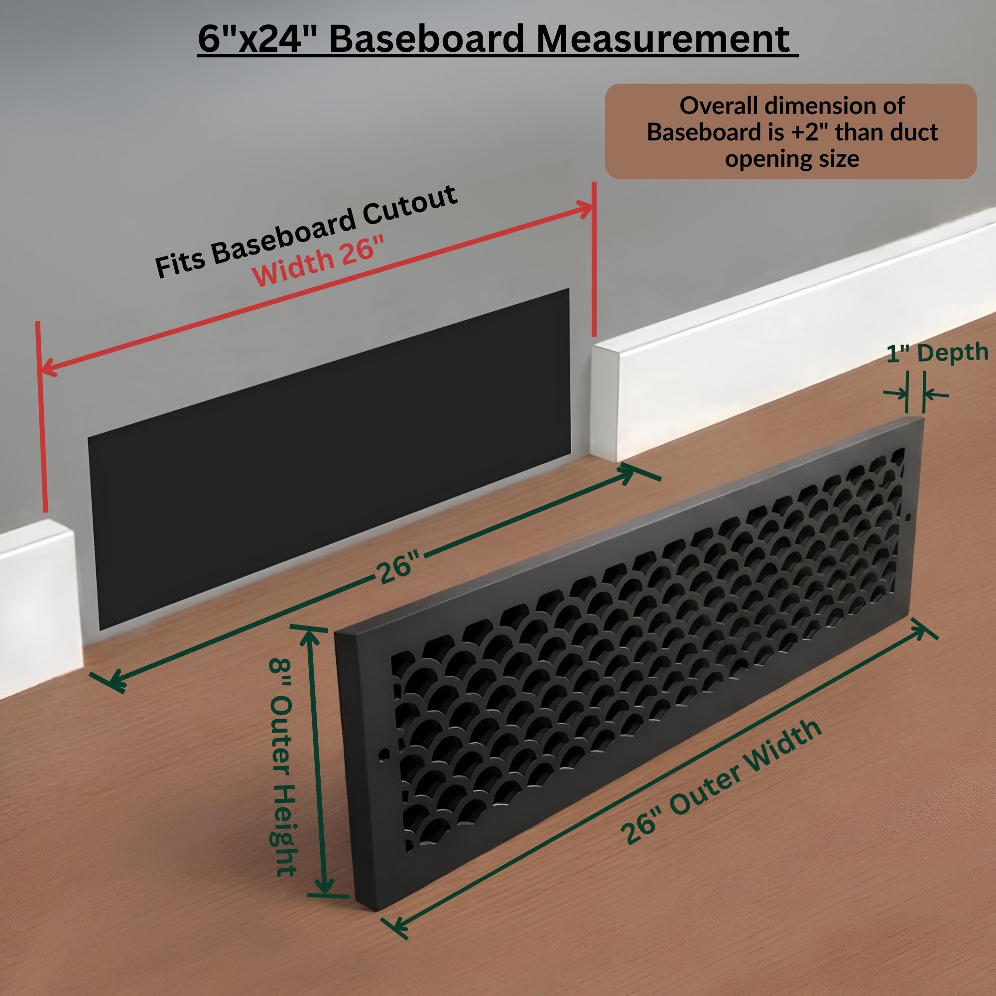 Scallop BASEBOARD 6"x24" Duct opening Solid Cast Aluminum Grill Vent Cover | Powder Coated