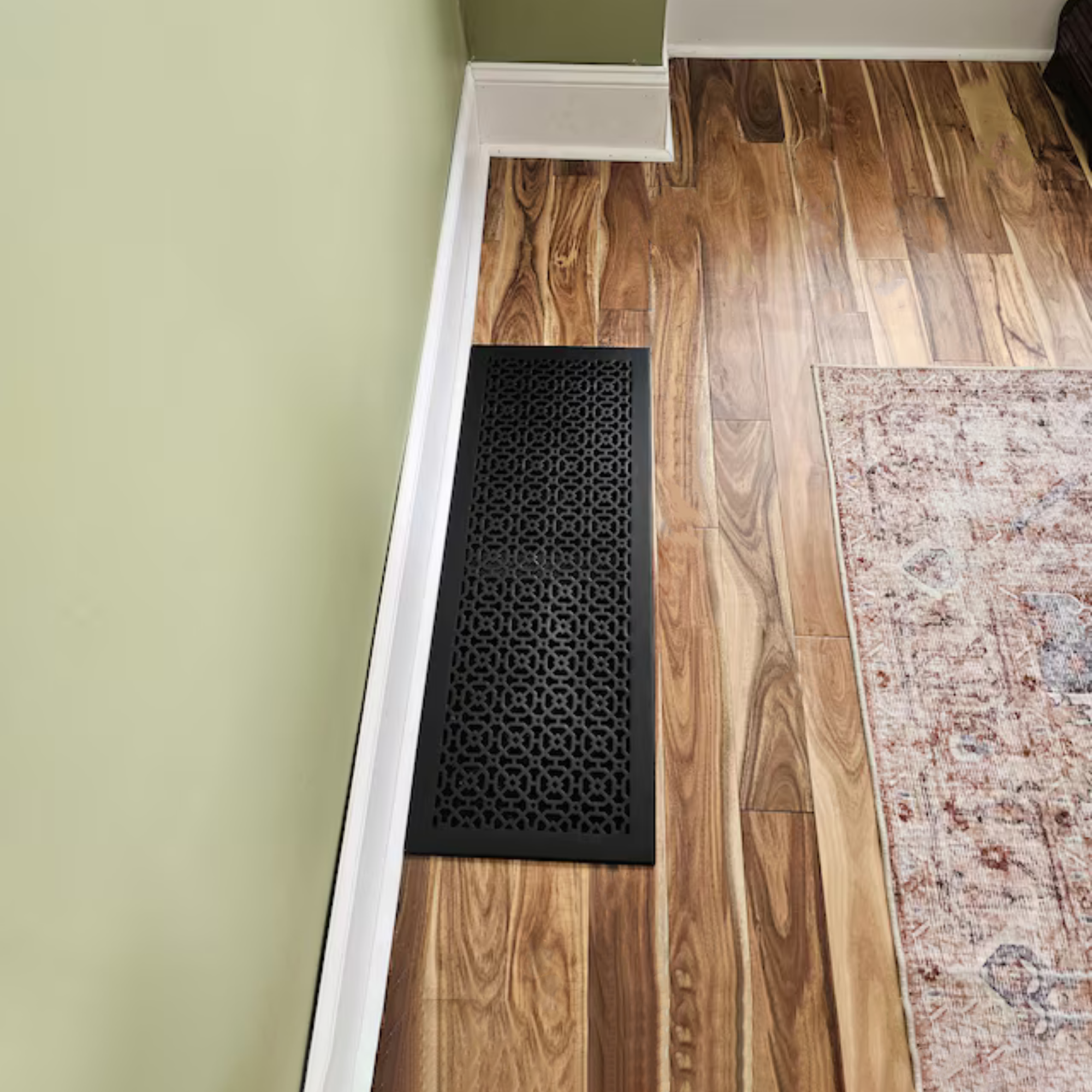 Achtek 6x26 powder coated black air return vent cover with geometric grille pattern for floor, overall back frame provided
