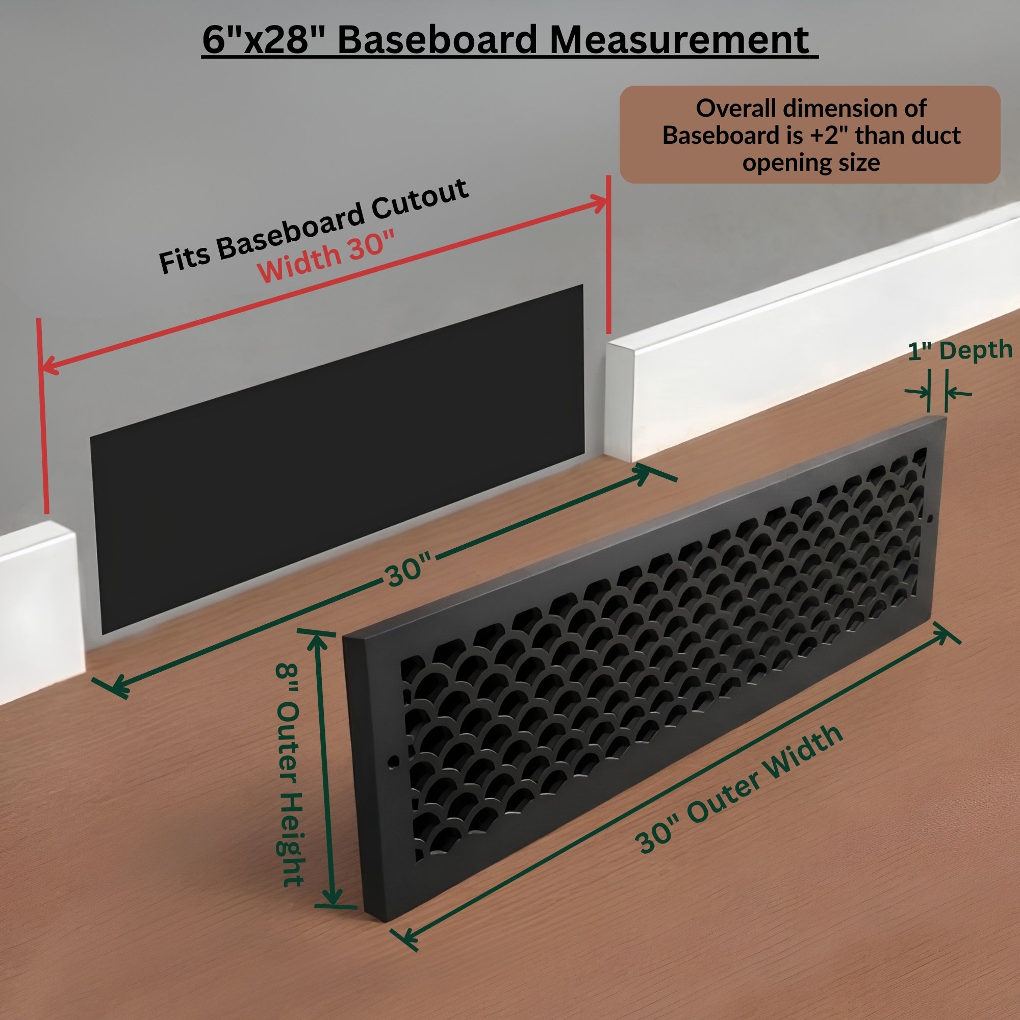 Scallop BASEBOARD 6"x28" Duct opening Solid Cast Aluminum Grill Vent Cover | Powder Coated