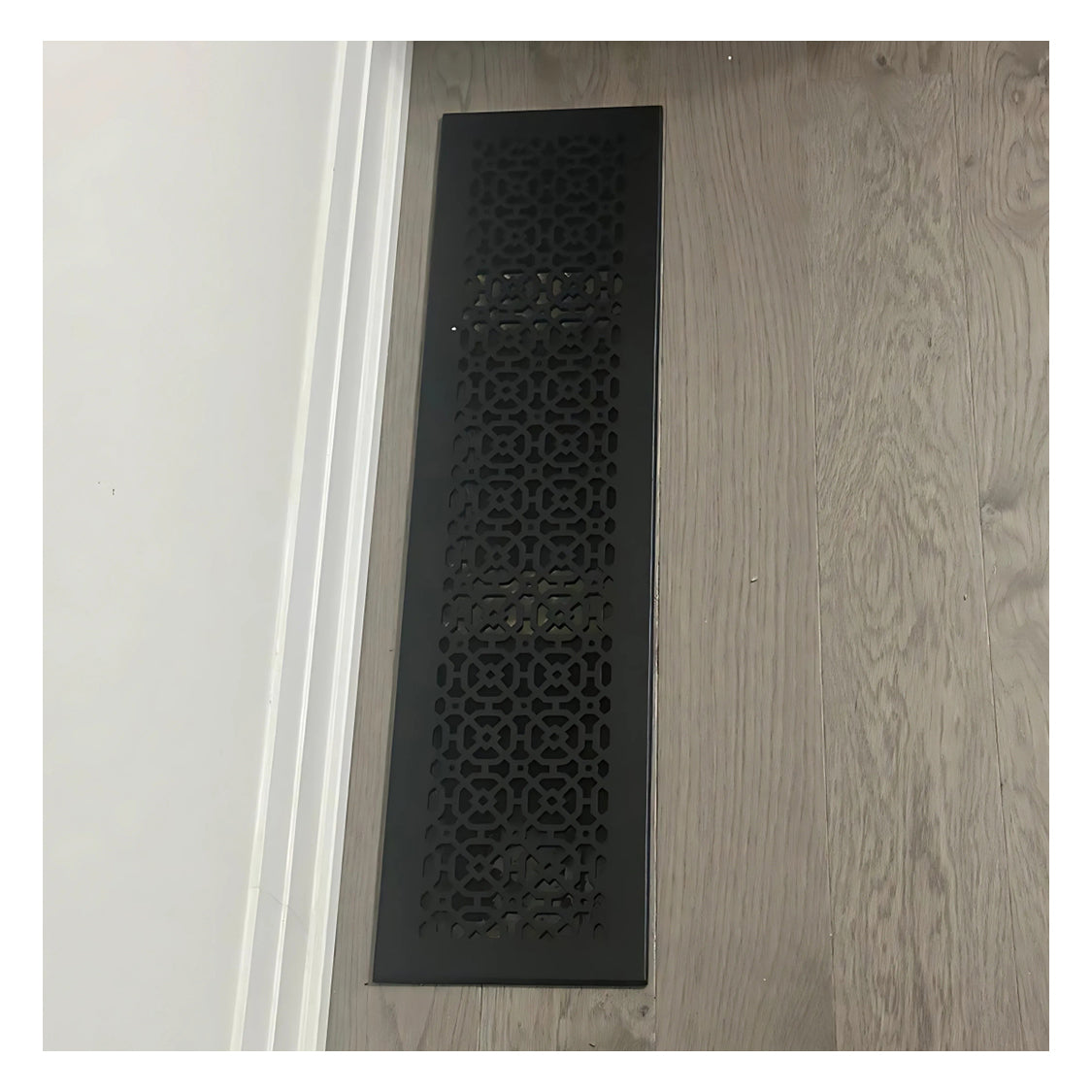 Achtek 6x30 handcrafted air return vent with decorative geometric pattern for floor mounting, gravity drop installations