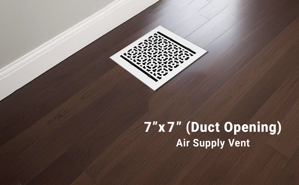 Achtek 7x7 white air supply vent cover for floor mounting with beveled edge, patent design, provided with metal louver