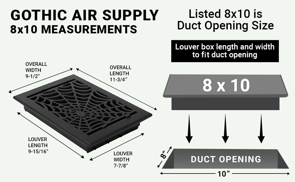 Alimentation en air à persiennes en aluminium moulé massif Spooky Gothic 8"x10" | Revêtement en poudre