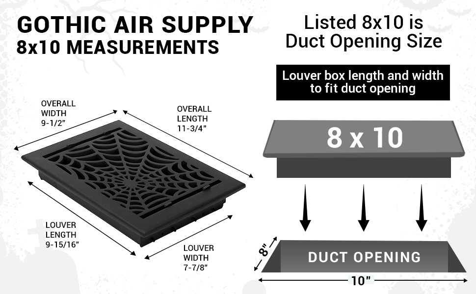 Alimentation en air à persiennes en aluminium moulé massif Spooky Gothic 8"x10" | Revêtement en poudre