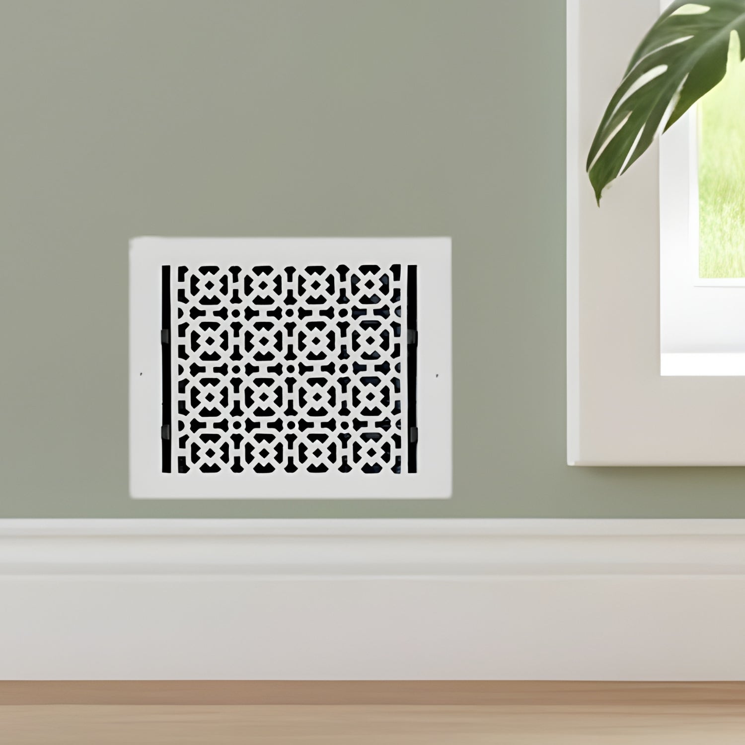 Achtek 8x8 cast aluminum air supply vent with white finish, patent design, beveled edge, provided with color matching screws