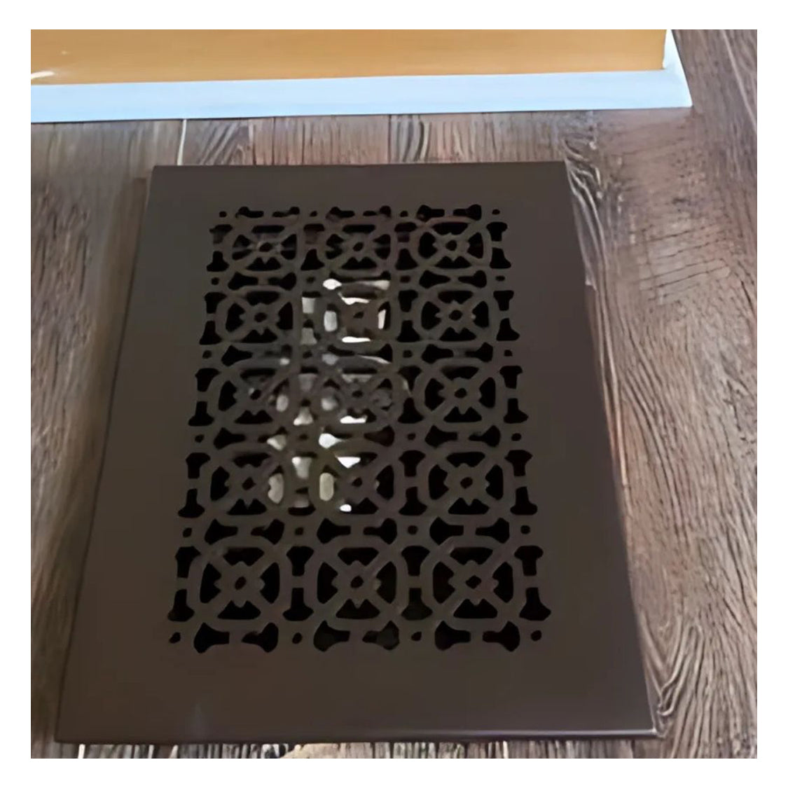 Achtek 8x12 handcrafted air return vent with decorative geometric pattern for floor mounting, overall back frame provided