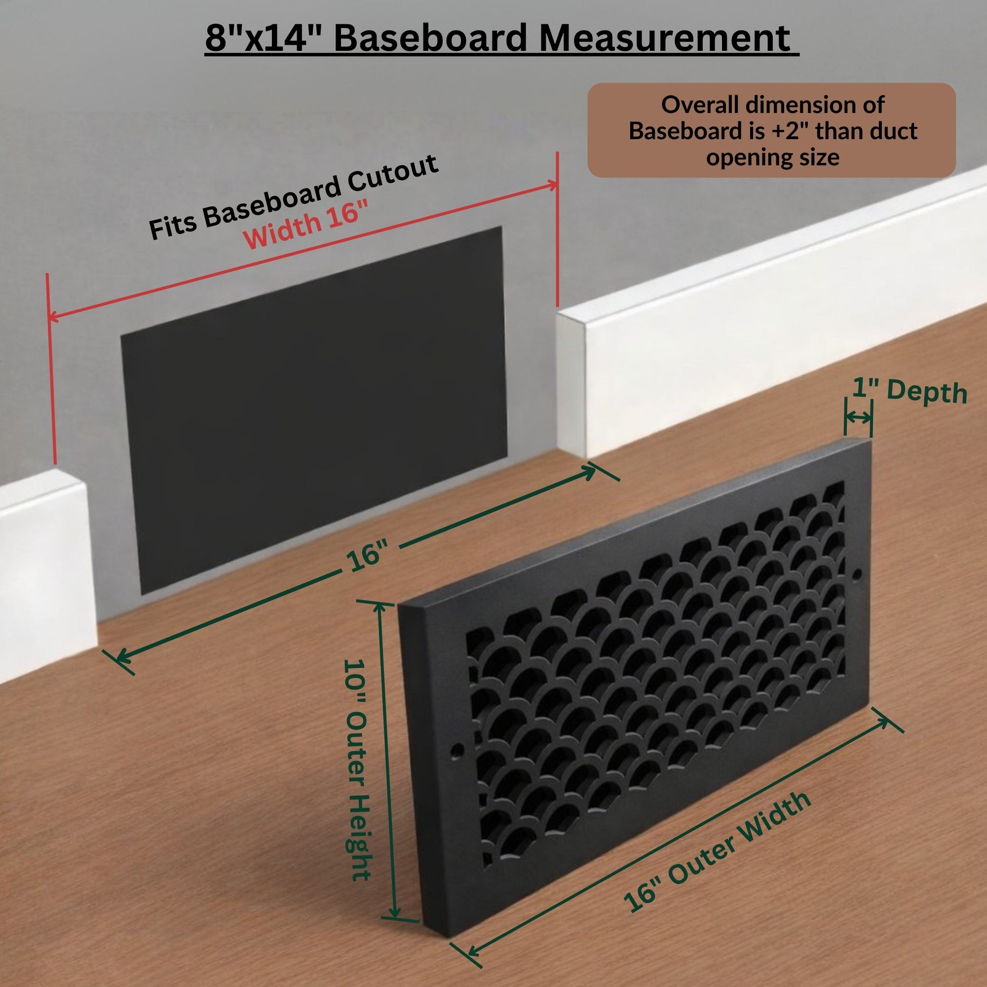 Scallop BASEBOARD 8"x14" Duct opening Solid Cast Aluminum Grill Vent Cover | Powder Coated