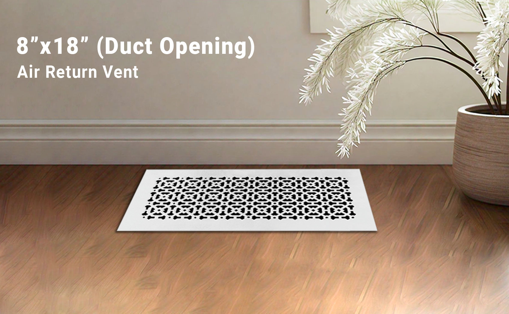 Achtek 8x18 handcrafted white air return vent cover with geometric design for floor mounting, overall back frame provided
