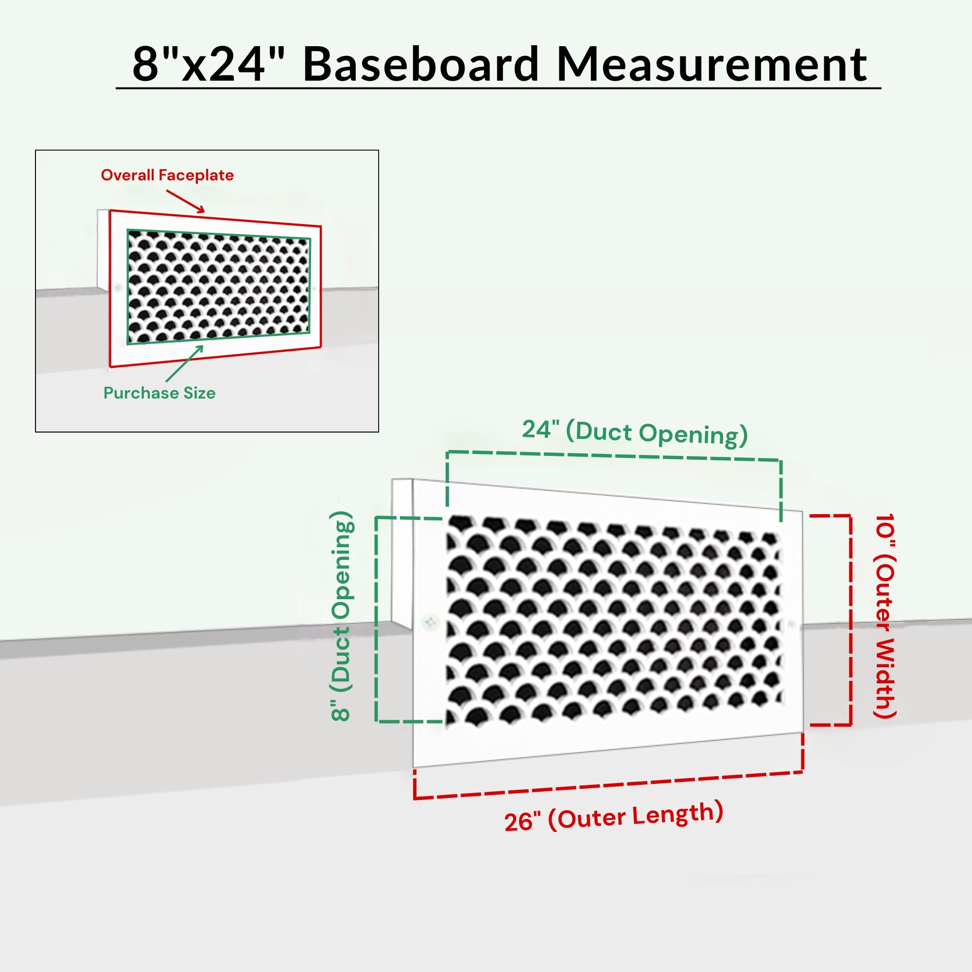 Scallop BASEBOARD 8"x24" Duct opening Solid Cast Aluminum Grill Vent Cover | Powder Coated