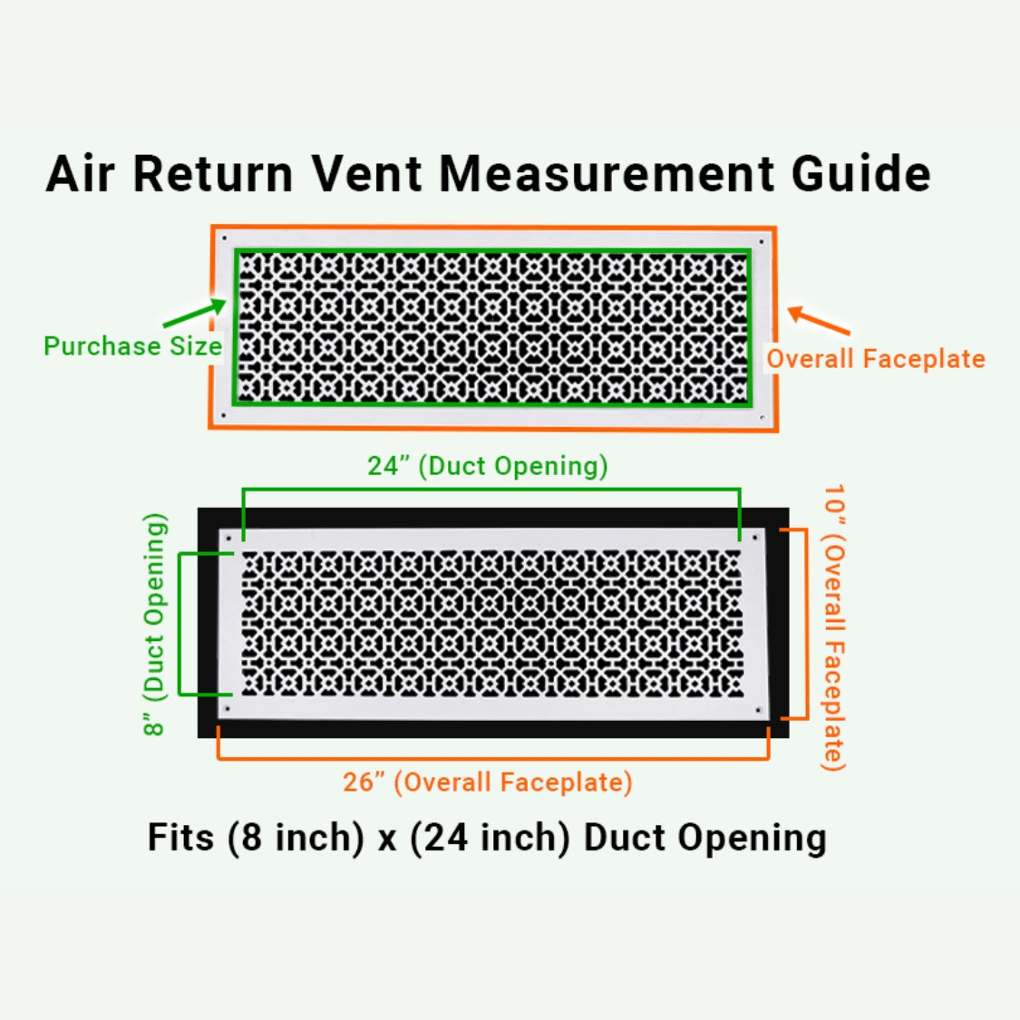 8x24 Achtek air vent purchase guide showing purchase size having duct opening 8x24 and overall faceplate 10x26