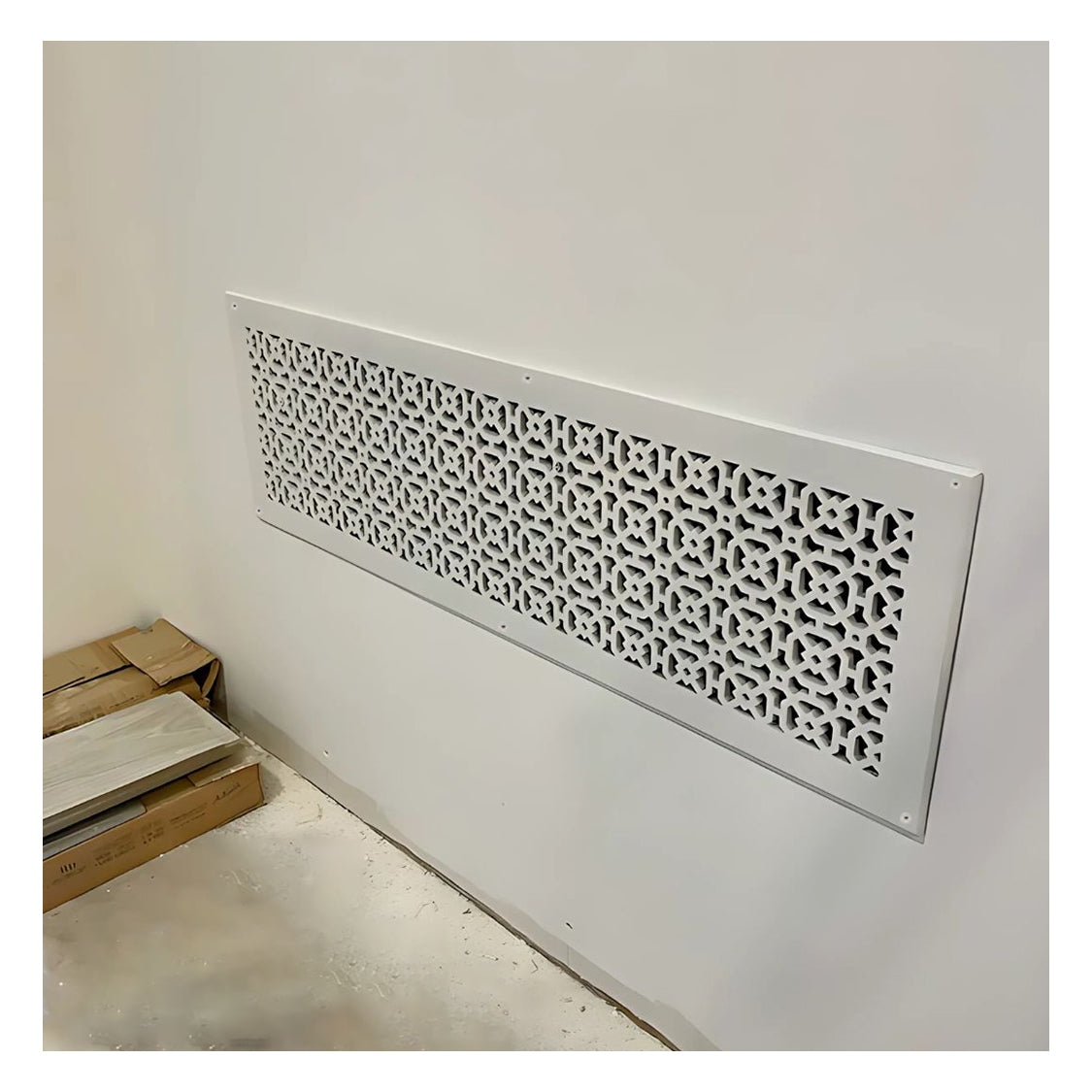 Achtek 8x28 powder coated white air return vent cover provided with matching #10 screws, geometric design, beveled edge
